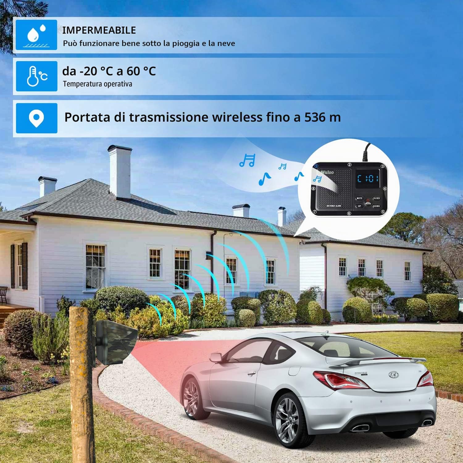 Allarme solare senza fili per vialetto esterno, portata 548,6 m, sensore di movimento esterno e sistema di allarme per vialetto con batteria ricaricabile/resistente alle intemperie/modalità silenziosa