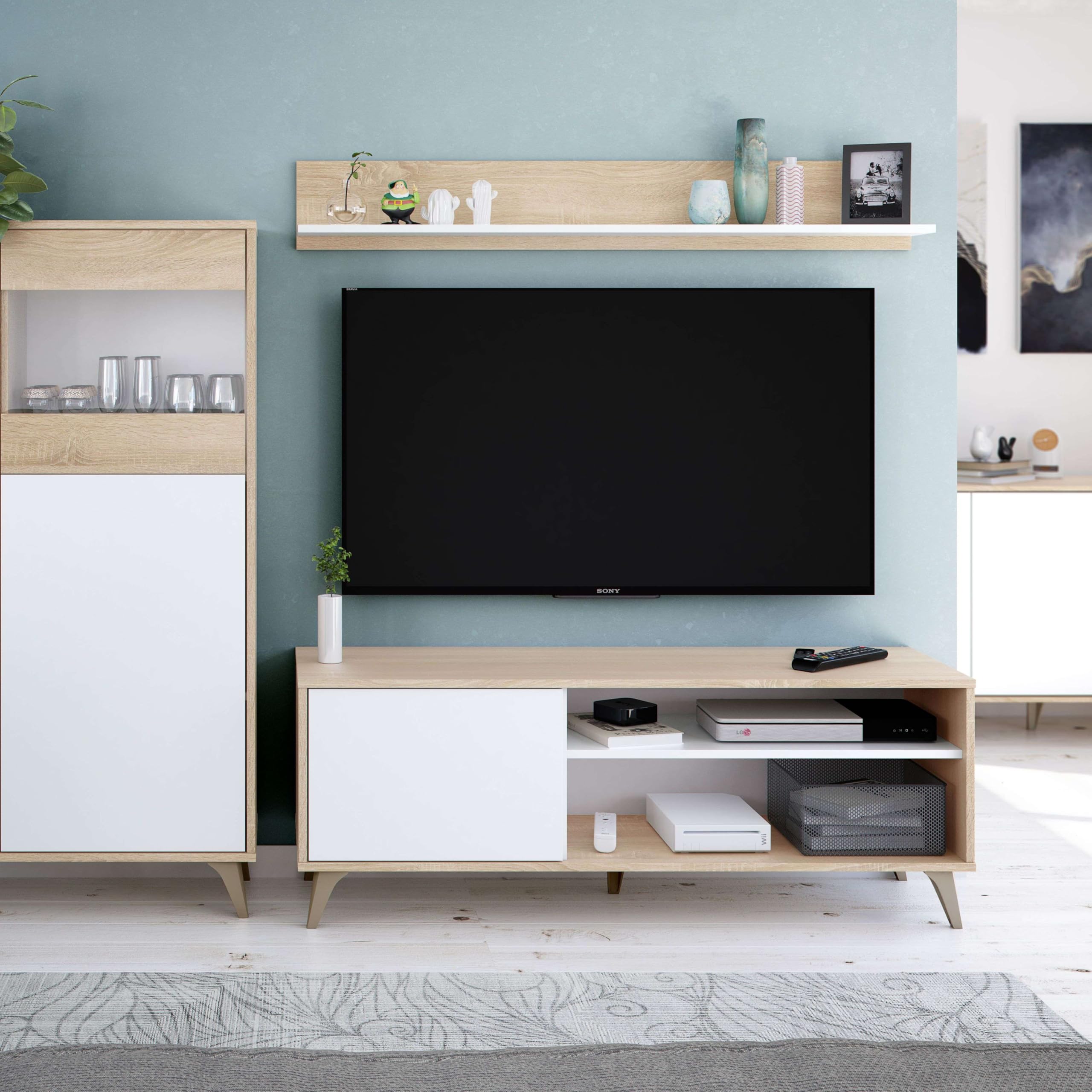 Habitdesign Aparador 3 Puertas, Bueffet para salón, Armario Auxiliar, Modelo Kikua Plus, Acabado en Blanco Artik y Roble Canadian, Medidas: 154 cm (Ancho) x 75 cm (Alto) x 40 cm (Fondo)