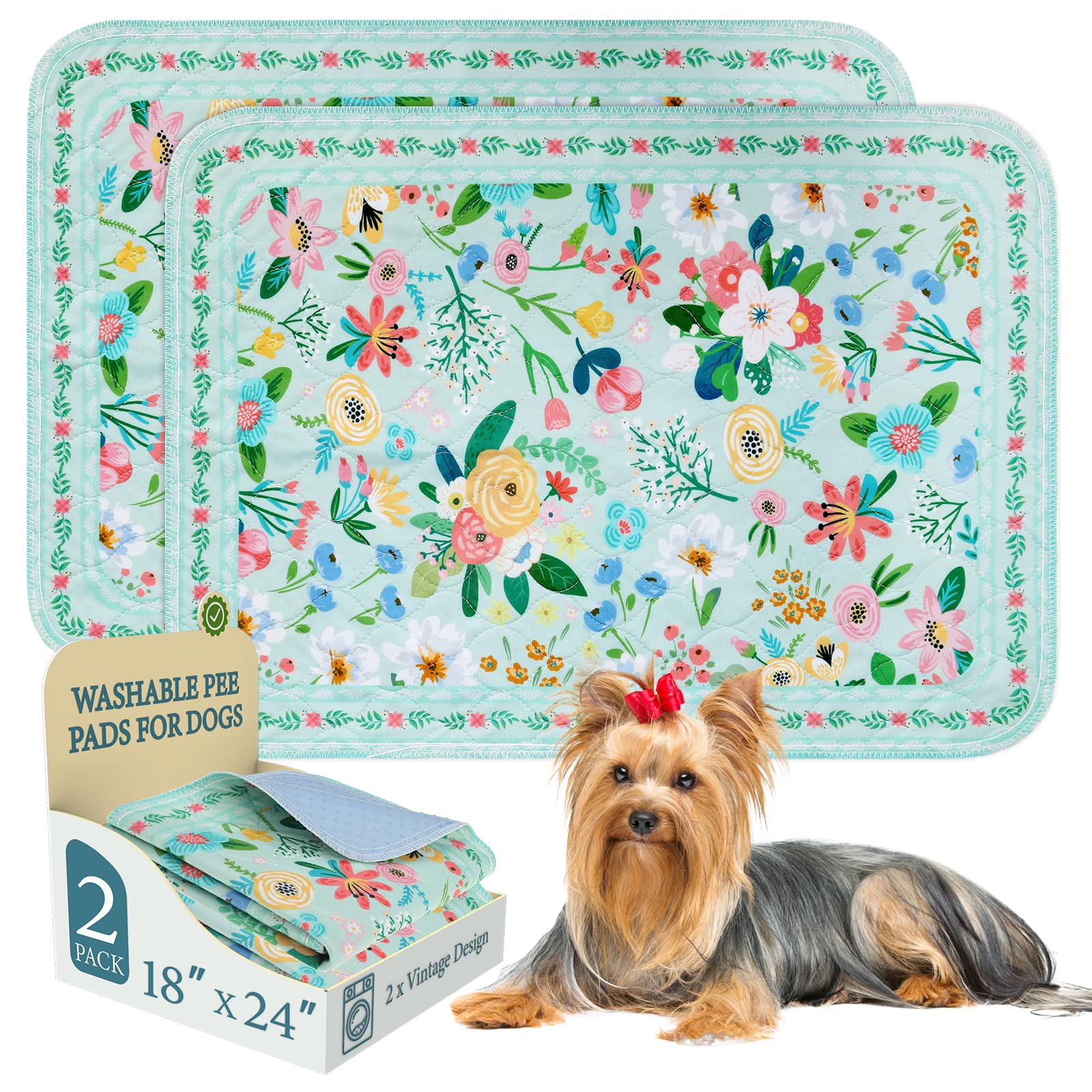 Homimp Washable Pee Pads for Dogs,2 Pack Spring Floral Reusable Puppy Pads Waterproof,Absorbent and Leakproof Dog Pee Pads,Non Slip Puppy Training Pads,Pet Mat for Floor,Whelping,Teal 18"x24"
