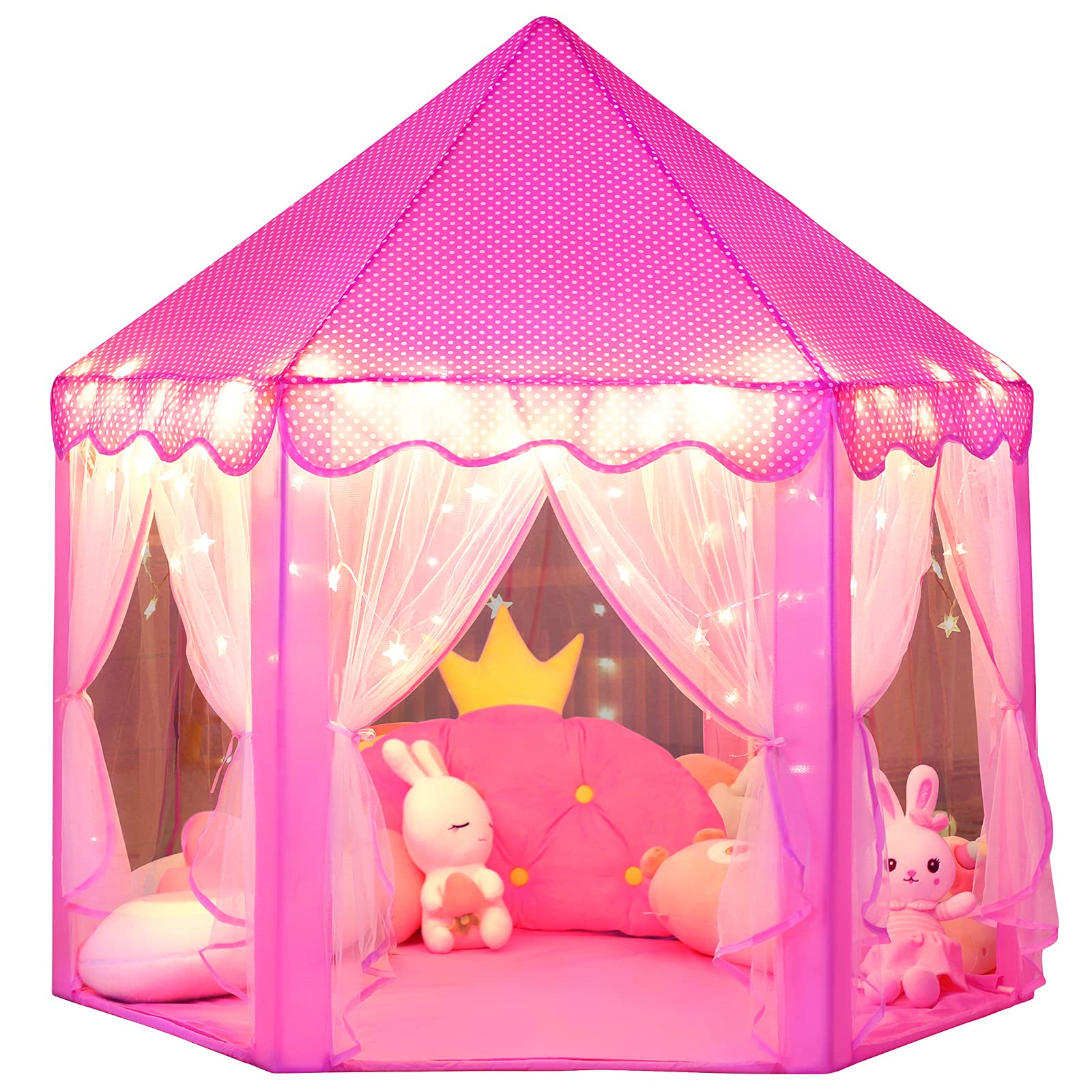 wilwolfer Princess Castle Play Tent for Girls Large Kids Play Tents Hexagon Playhouse with Star Lights Toys for Children Indoor Games (Pink)wilwolfer Princess Castle Play Tent for Girls Large…