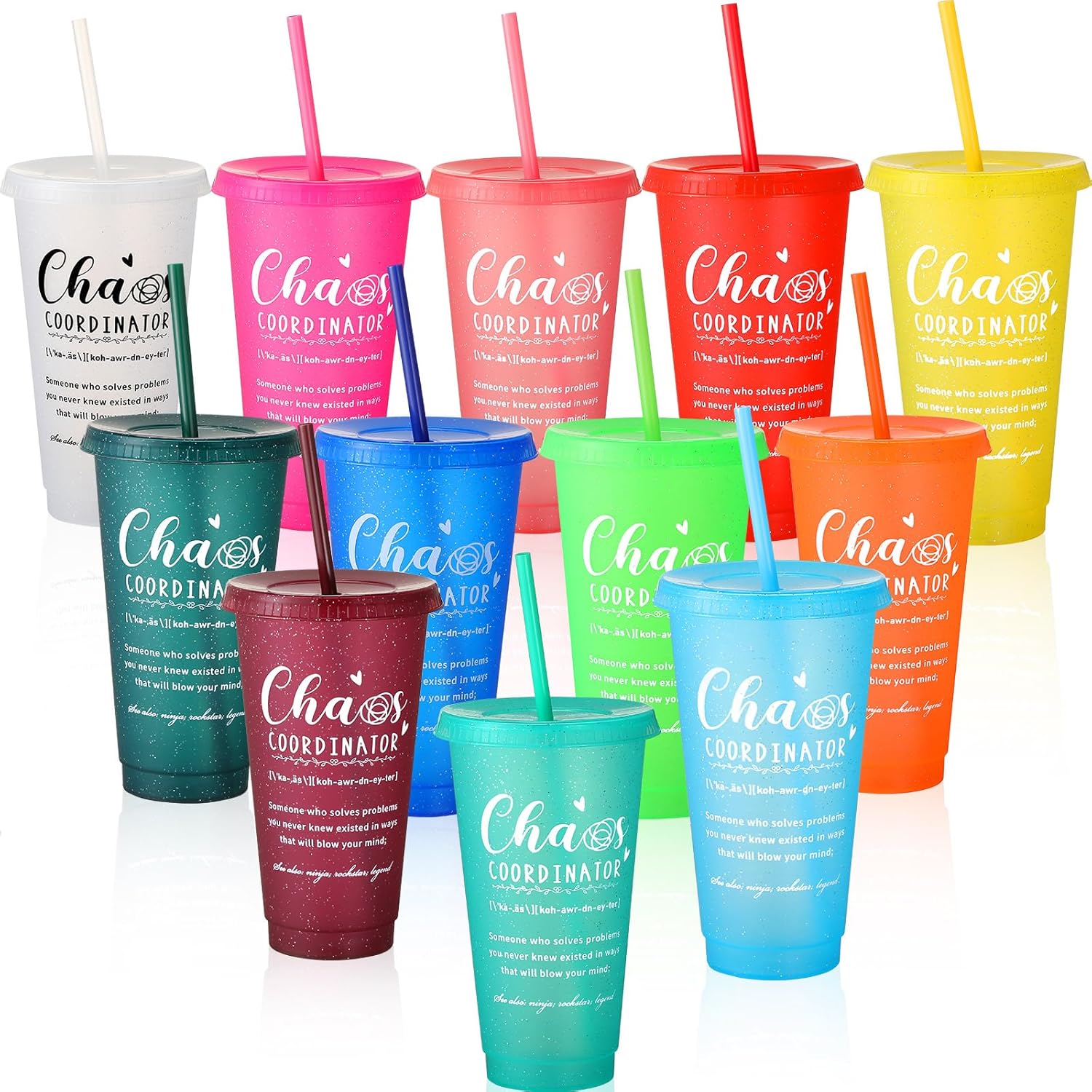 Zhehao 12 Pcs Chaos Coordinator Gifts for Women Employee Appreciation Gift 24oz Plastic Tumbler with Straw Lid Glitter Reusable Travel Cup Water Bottle Bulk Thank You Gift for Nurse Teacher
