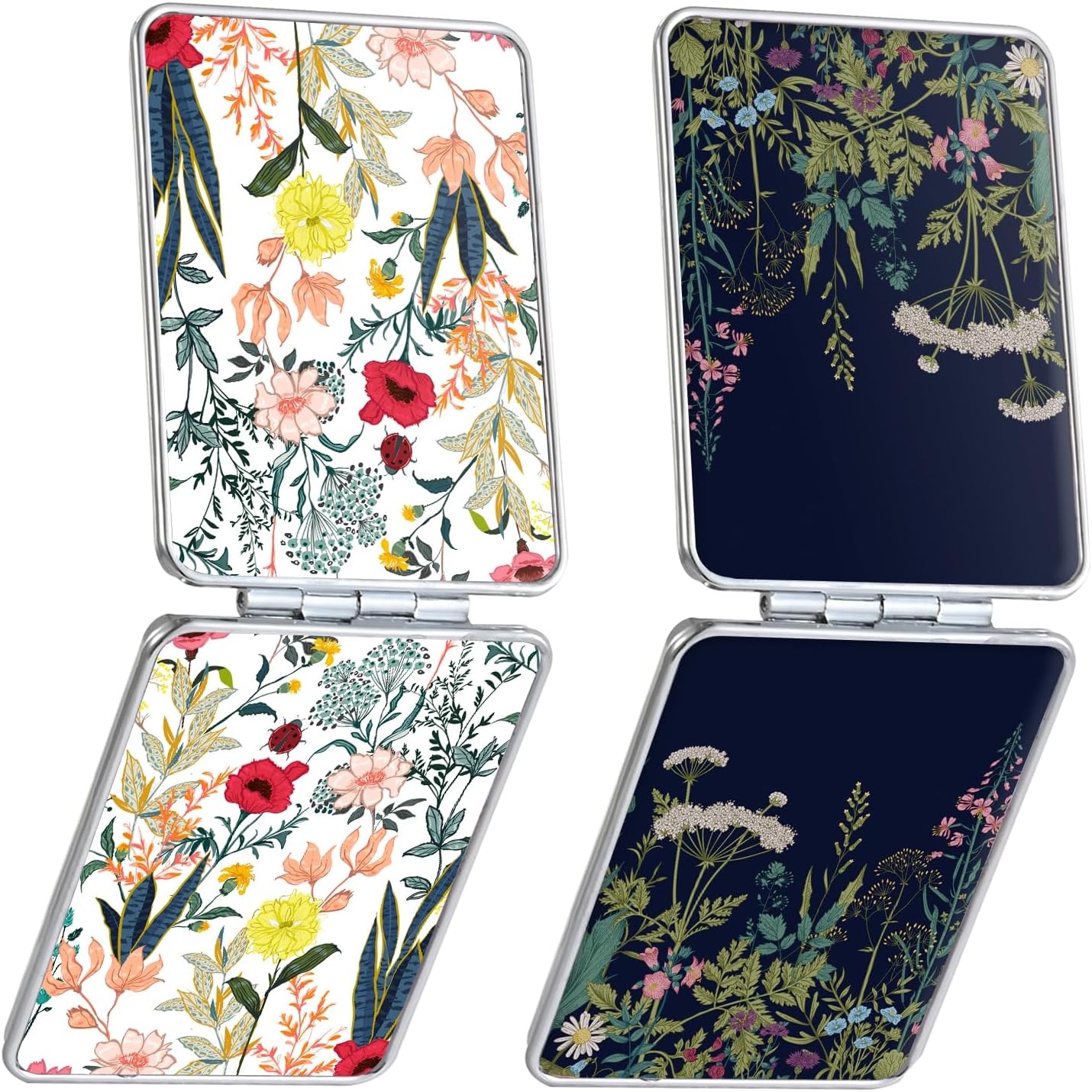 Pocket Mirror, Small Travel Mirror with Magnification, Portable Double-Sided Magnifying Cosmetic Mirror for Daily (White + Black Flowers)