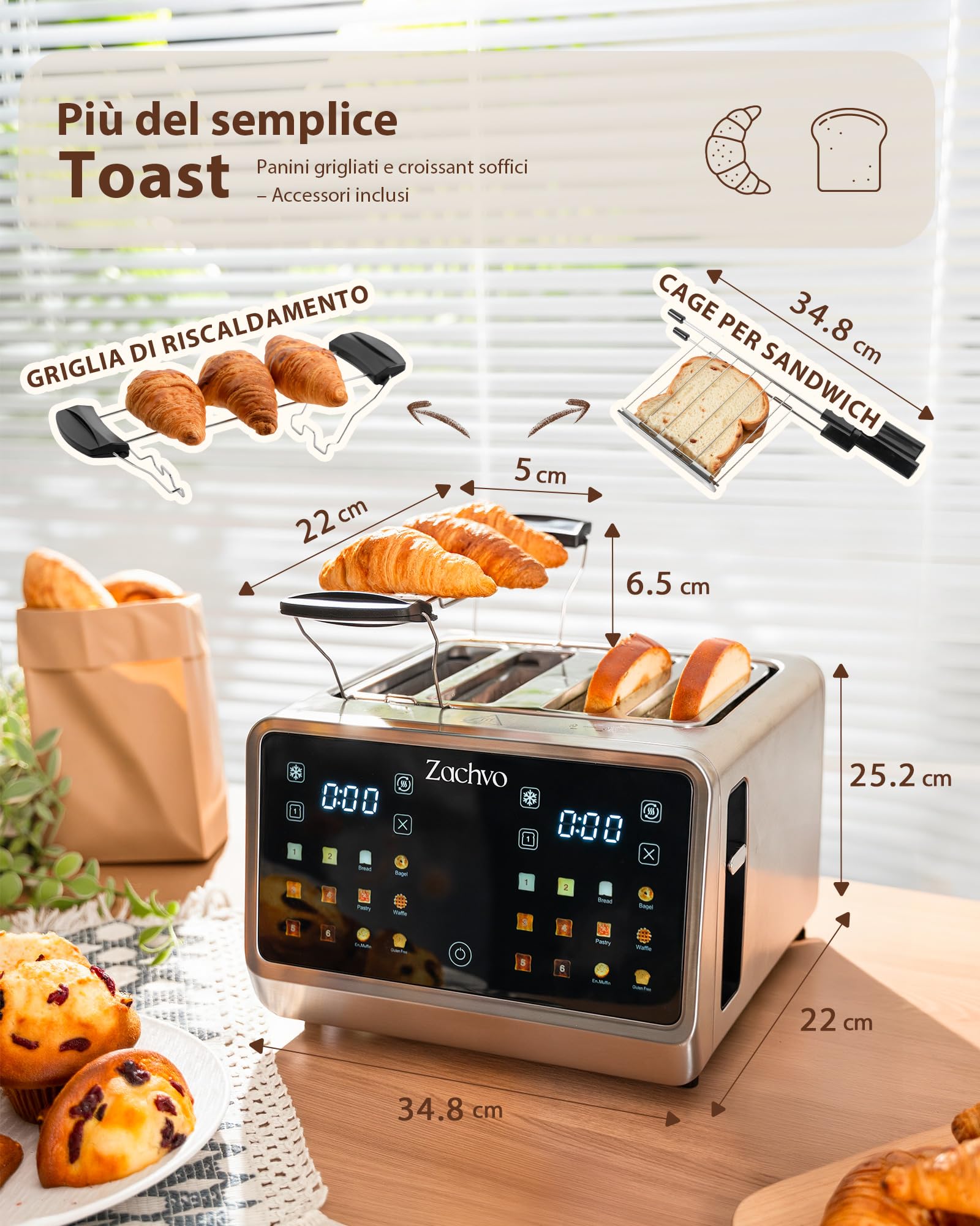 Tostapane 4 fette con touchscreen e timer conto alla rovescia – tostapane lungo in acciaio inox con 2 zone di temperatura indipendenti, fessure extra larghe da 3,7 cm, 6 programmi