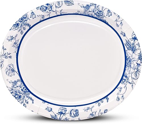 Gift Boutique 50 platos de papel ovalados florales azules de 10 x 12 pulgadas, platos desechables grandes para primavera y verano, para suministros