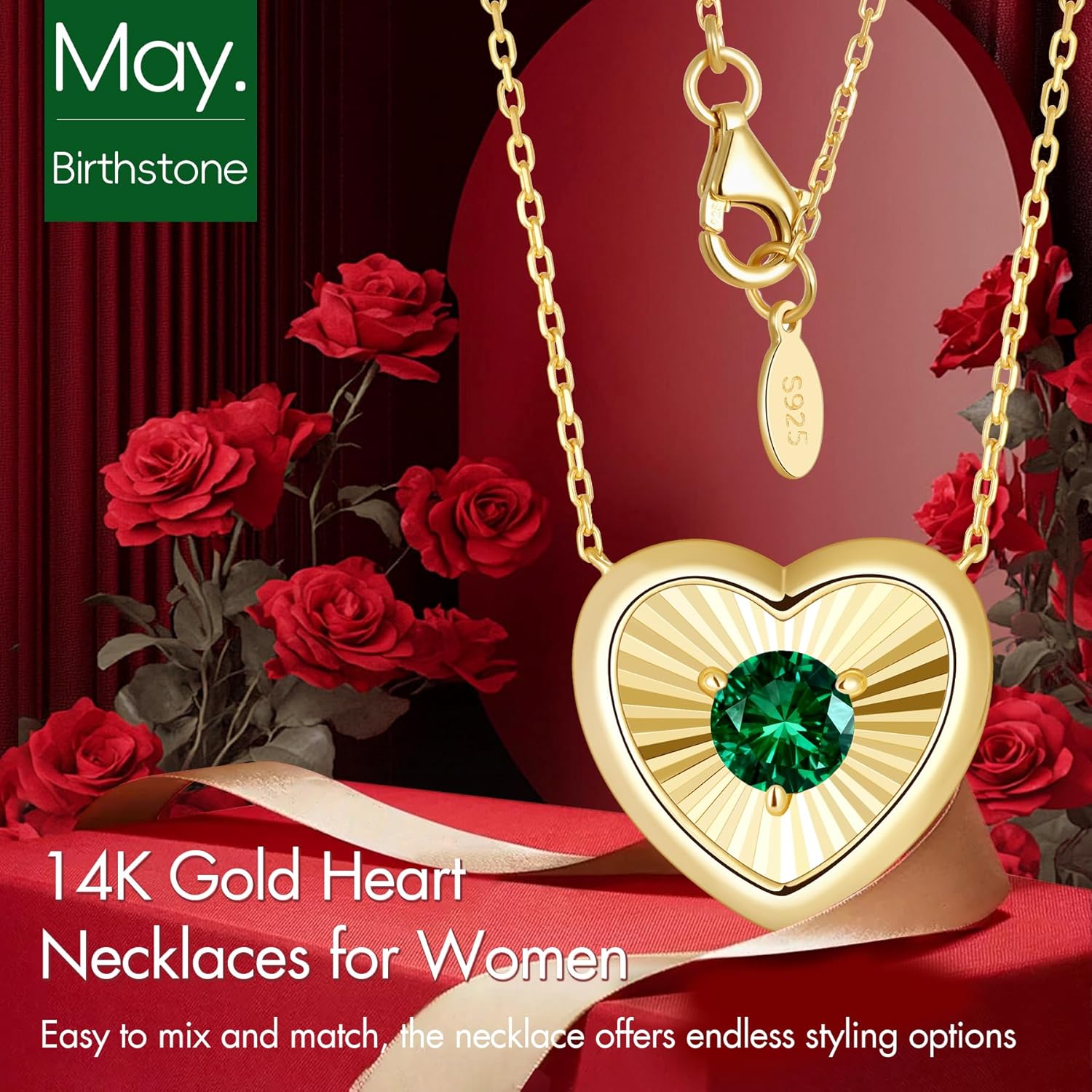 Kstyle 14K Gold Heart Pendant Necklace for Women - Birthstone for Birthday/Valentine's Day Gift, Non Tarnish Statement Jewelry for Wife/Girlfriend/Mom/Daughter (925 Sterling Silver Base) - Image 4