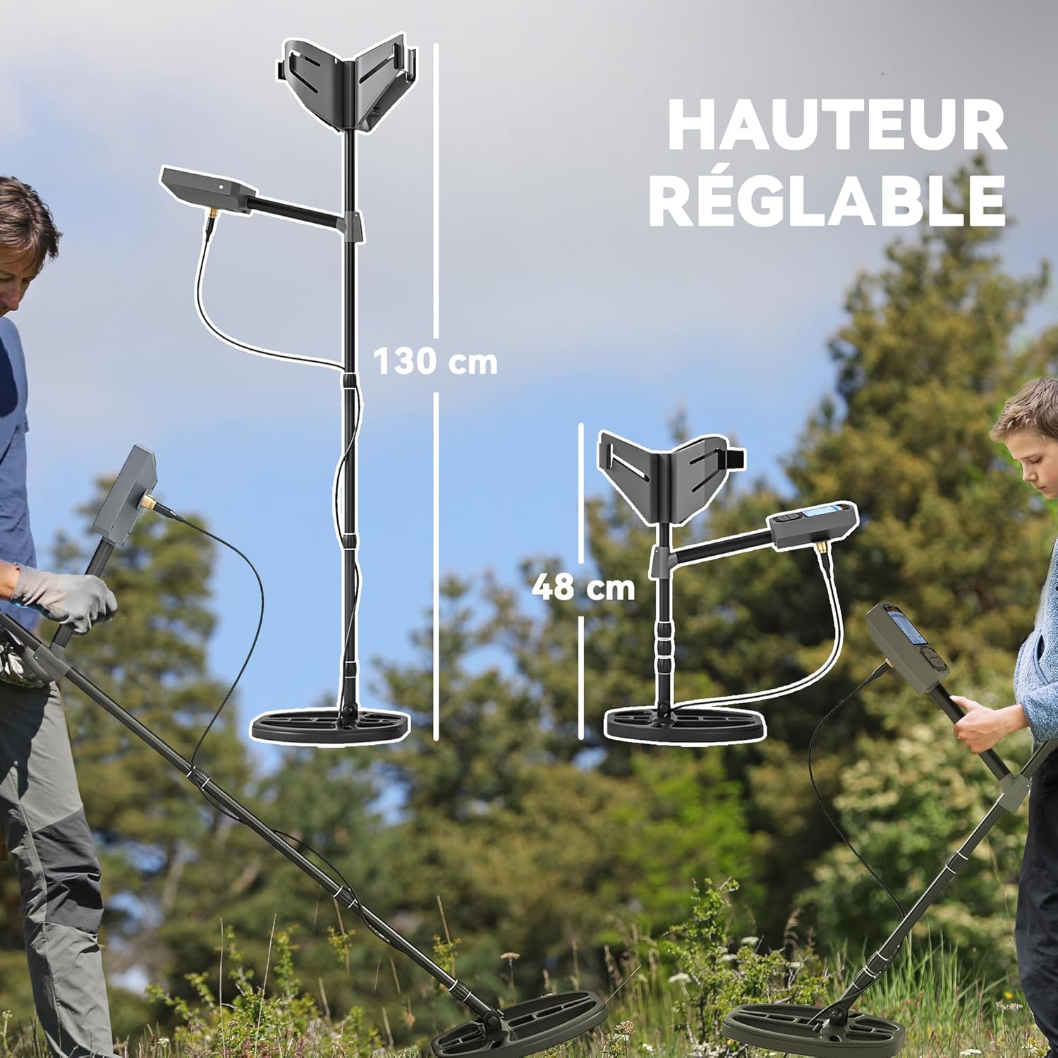 Diagram showing the adjustable height feature of the metal detector, illustrating both the maximum height of 130 cm and a shorter height of 48 cm, with a child and an adult using the detector.