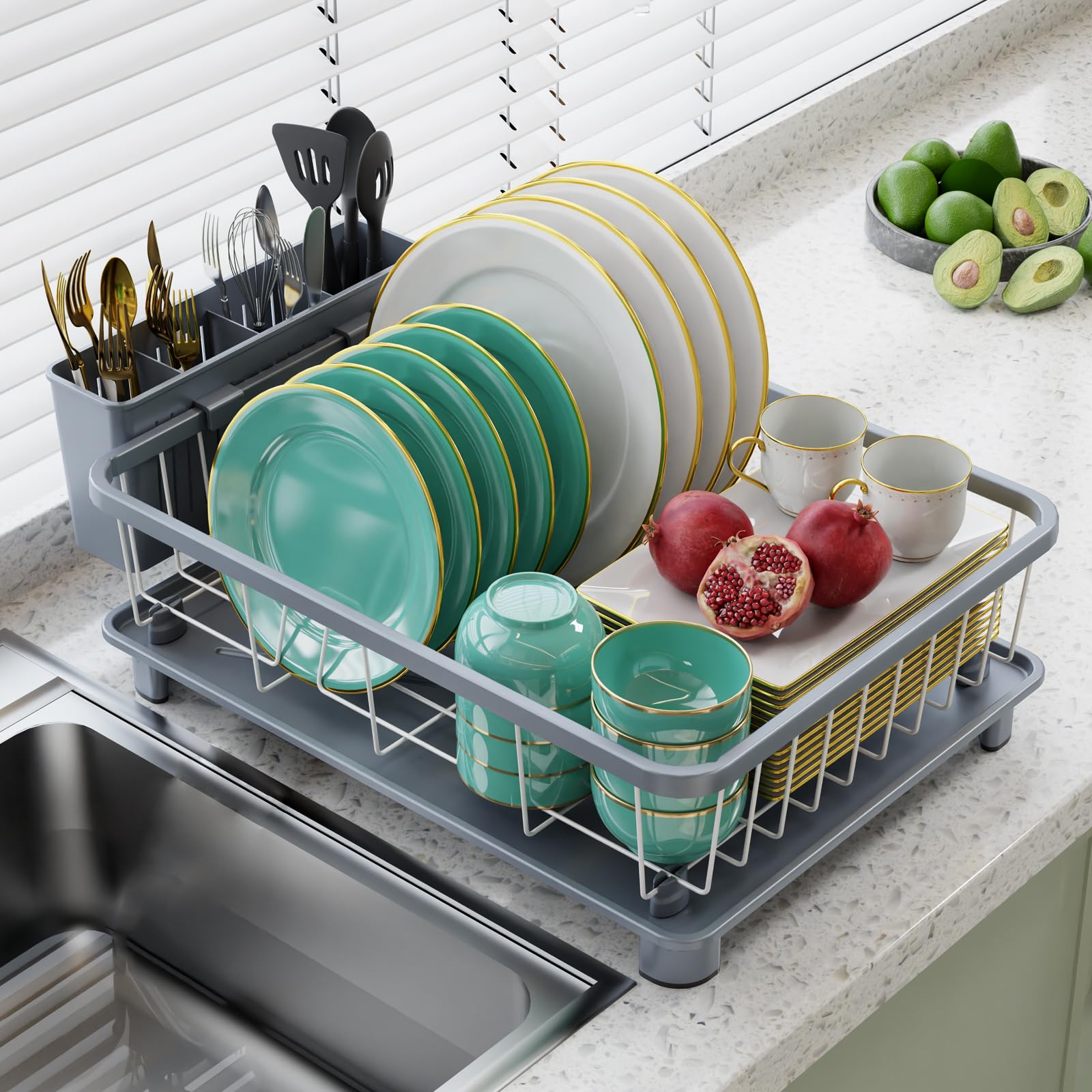 Hiviweer Dish Drying Rack - Space-Saving Dish Rack,Dish Racks for Kitchen Counter with Drainboard, Rustproof Dish Drainer with a Removable 4-Compartment Utensil Holder,Gray