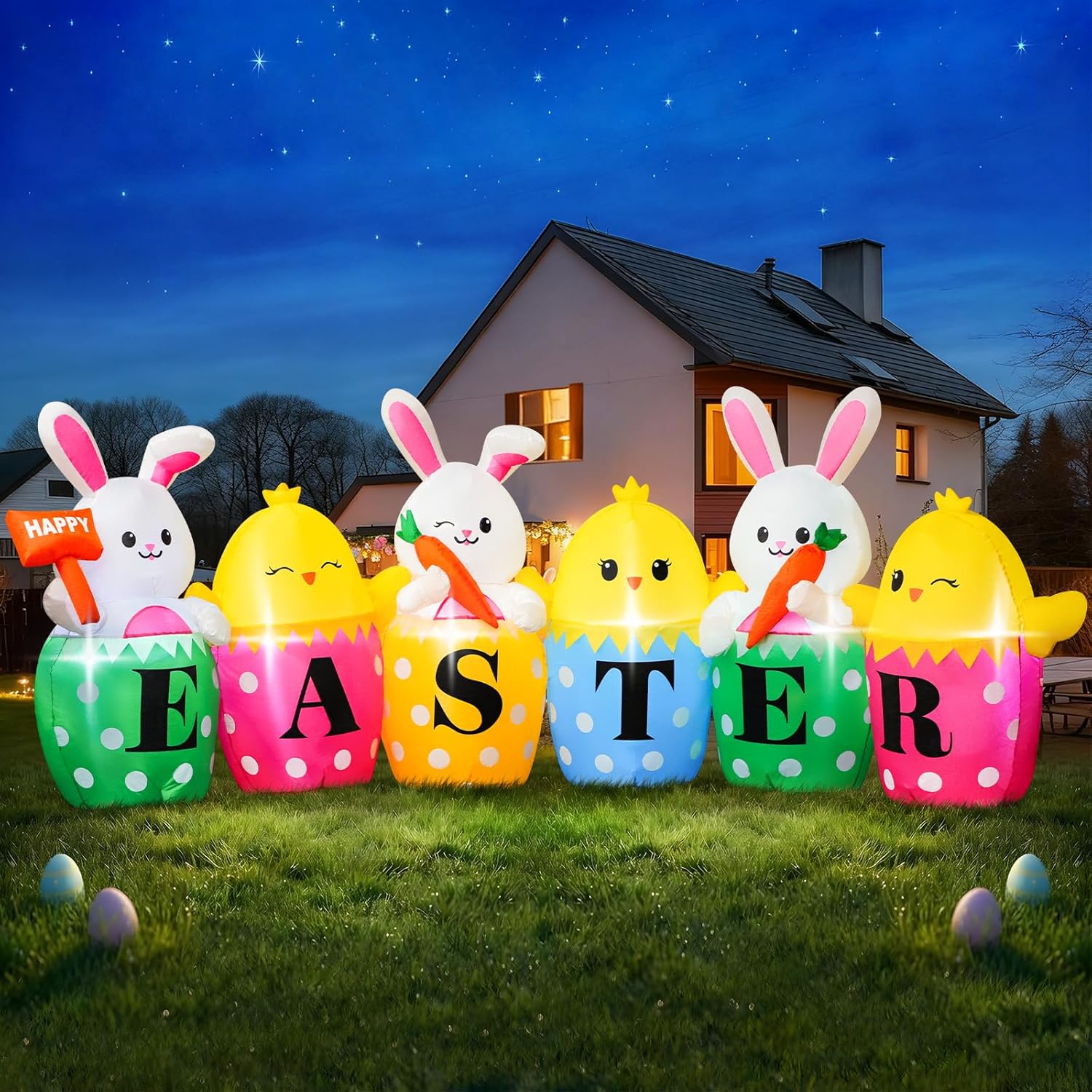 FunFanso 10 FT Easter Inflatables Bunny, Cute Rabbits with Carrots, Eggs, Chicks & Happy Easter Letters, Large Easter Blow Up Outdoor Decors, Built-in LED Lights for Yard, Lawn, Garden, Home Party