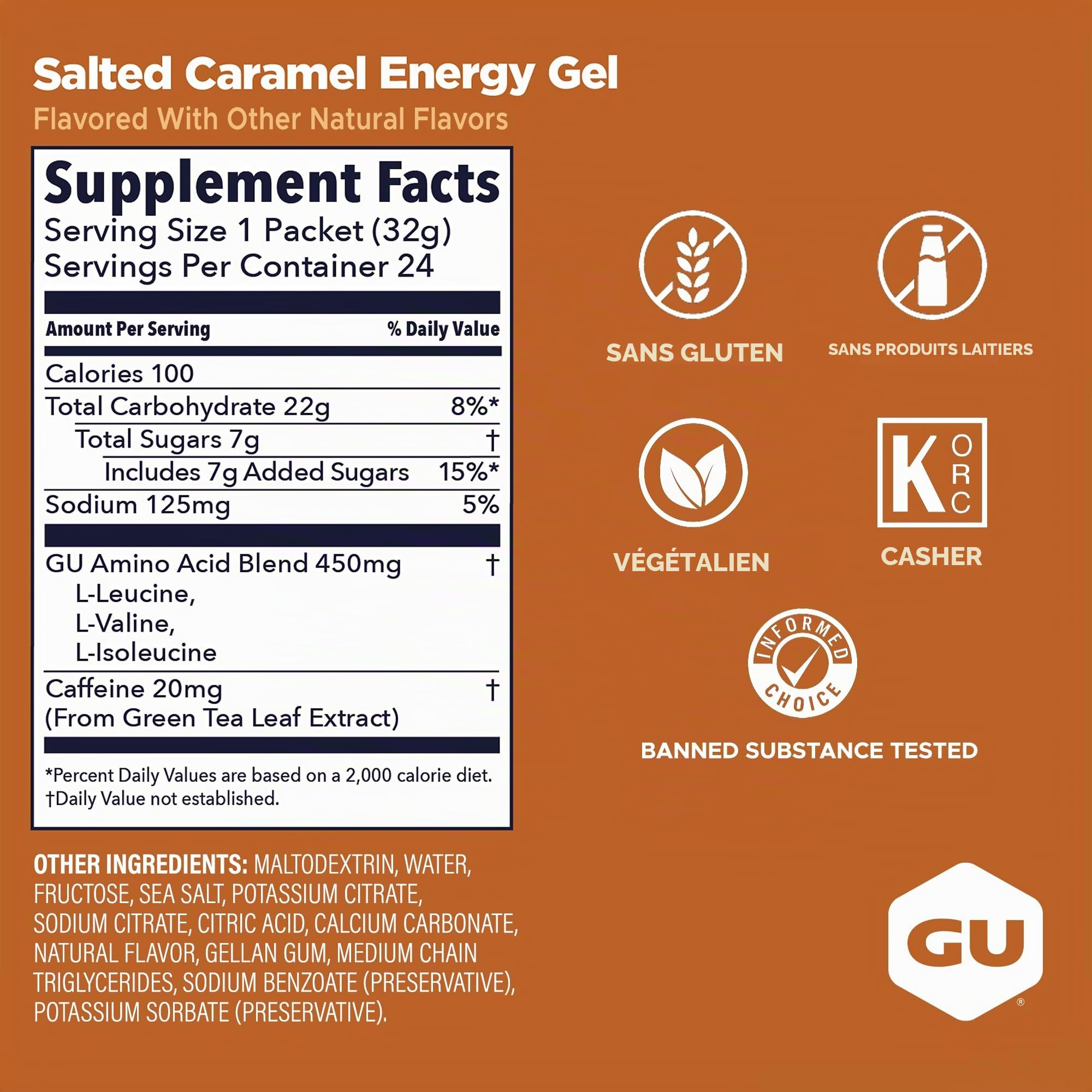 GU ENERGY GEL - Caramel Salé - Boîte de 24 gels - Gel énergétique - Sodium - BCAA - Idéal pendant l'effort 100Kcal
