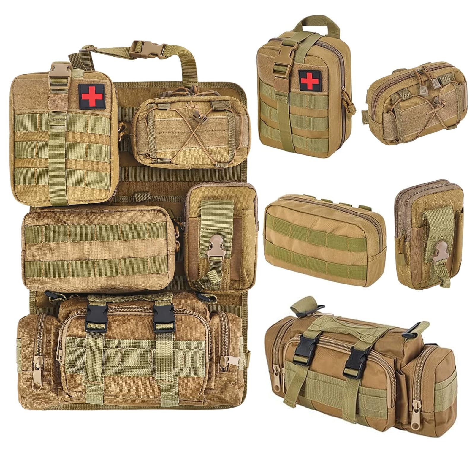 6 Pack Tactical Truck Organizer Back Seat Storage Car Seat Storage Bag Molle Panels for vehicles, Car and SUV with Lots of Handy Compartments (Khaki)