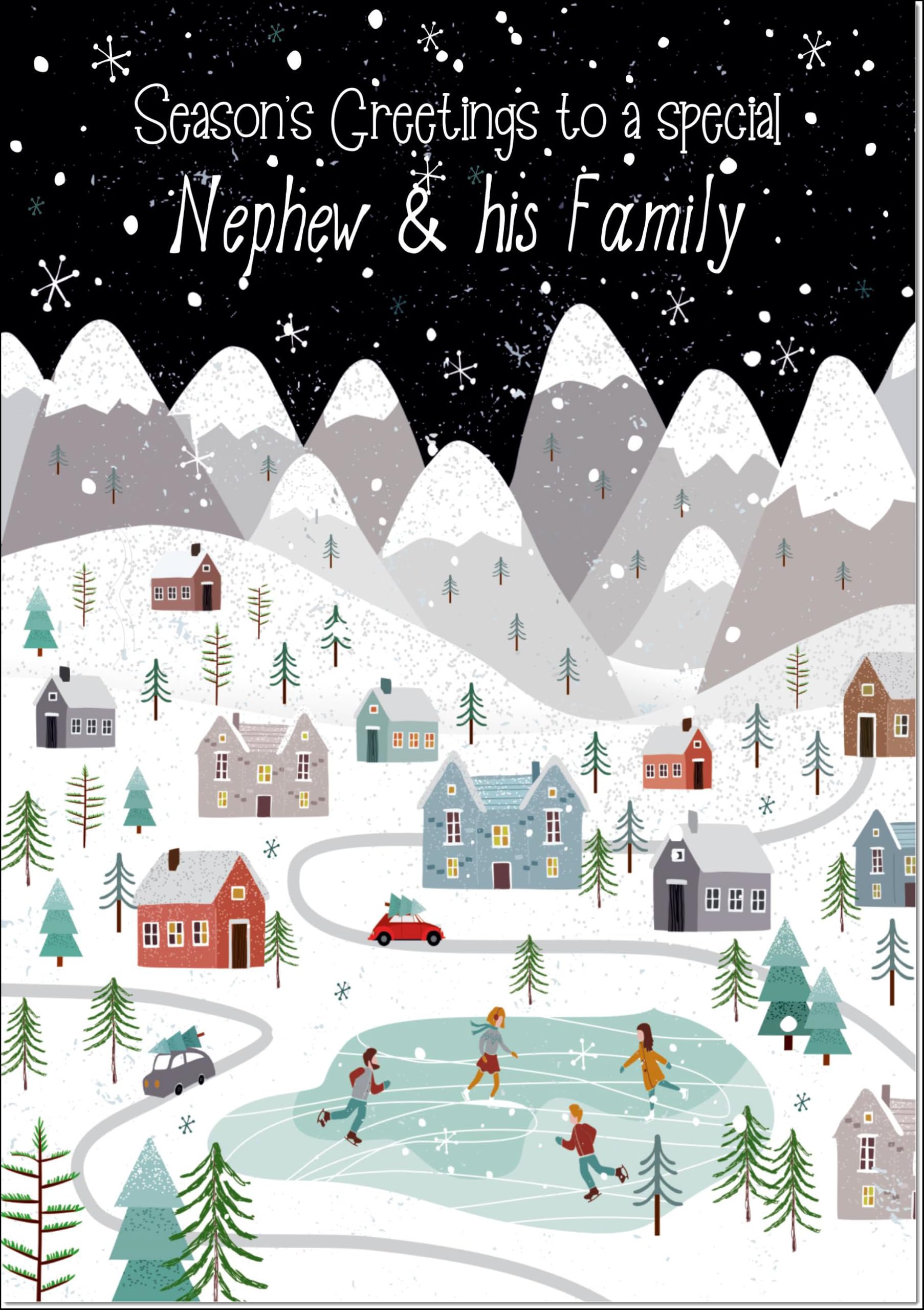 doodlecards Nephew and Family Christmas Card Mountain Scene In Snowy Village Large A4 Size Christmas Card for Nephew & Family with Plain Envelope