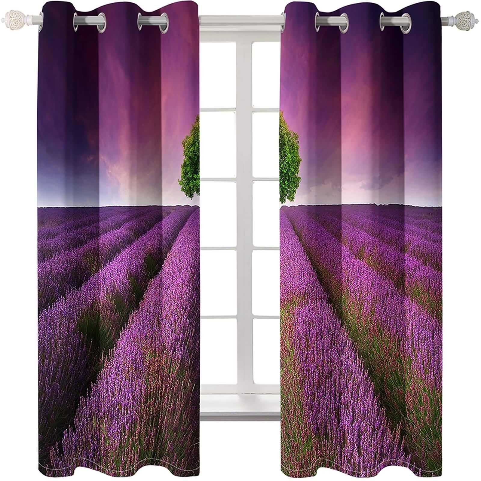 Verdunklungsvorhänge mit Ösen, 214x274cm Lila Grün Lavendel und Baum Vorhang für Schlafzimmer/Wohnzimmer