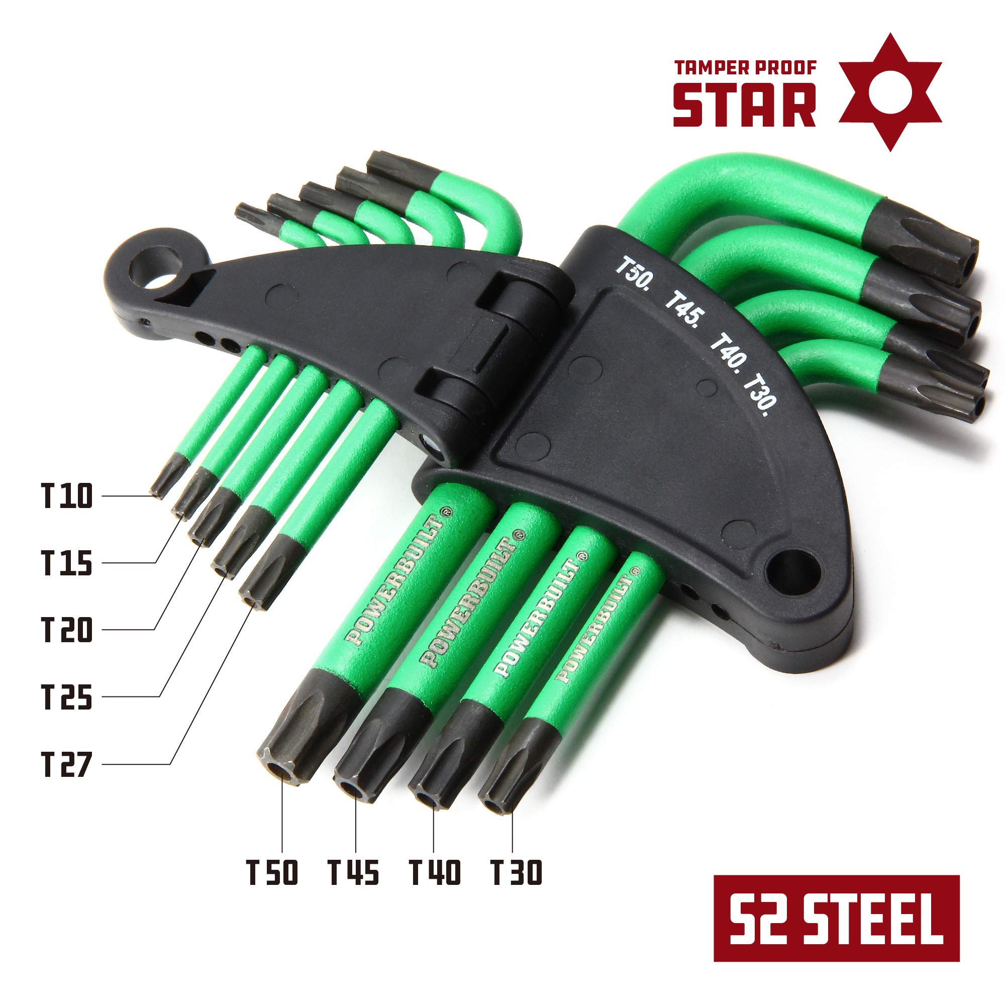Powerbuilt 941071 L-Type Short Arm Tamper Proof Wrench Set (9 Piece) Star Key (T10 - T50), Green - Image 2