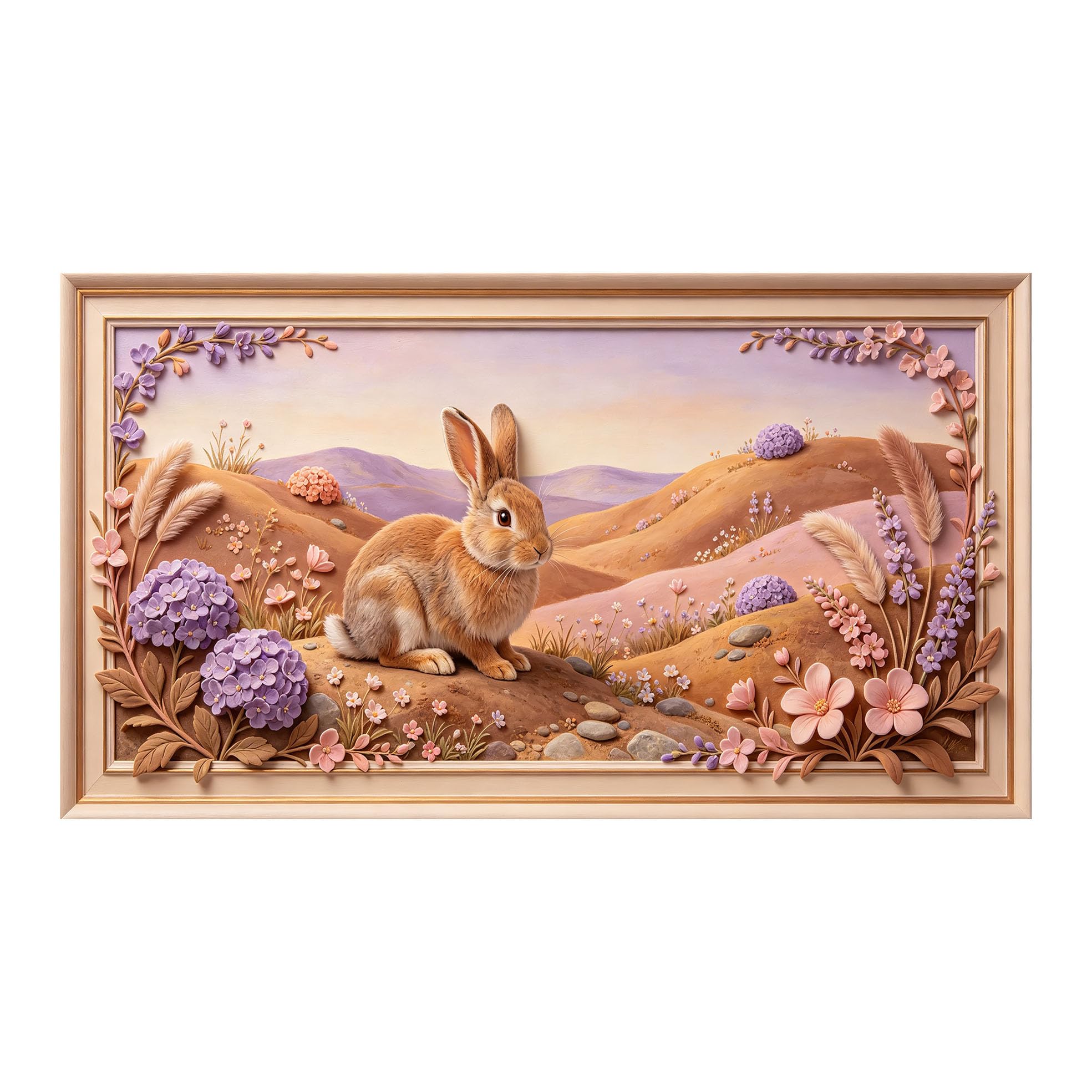 Yzpallescene 3D 3D Framed Wall Art 50cm×90cm Pastoral Bunny Meadow Floral Landscape Oil Painting Large Size SelfAdhesive Removable Wall Decor Prints Artwork for Living Room Bedroom Office