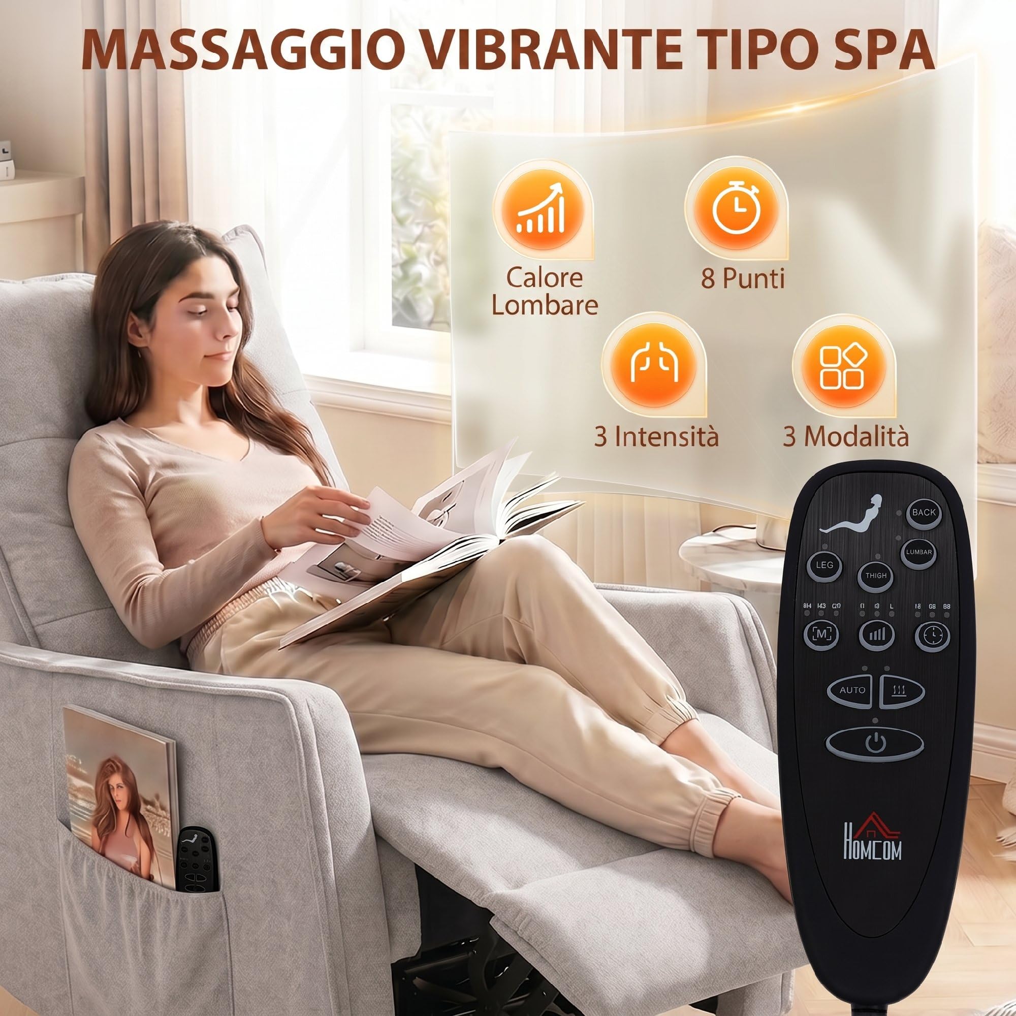 HOMCOM Poltrona Massaggiante Reclinabile Manuale 155° Riscaldante, 8 Punti di Massaggio, Poltrona Relax Girevole in Ciniglia, Funzione Dondolo, Poggiapiedi, Telecomando, Tasche Laterali, Grigio Chiaro