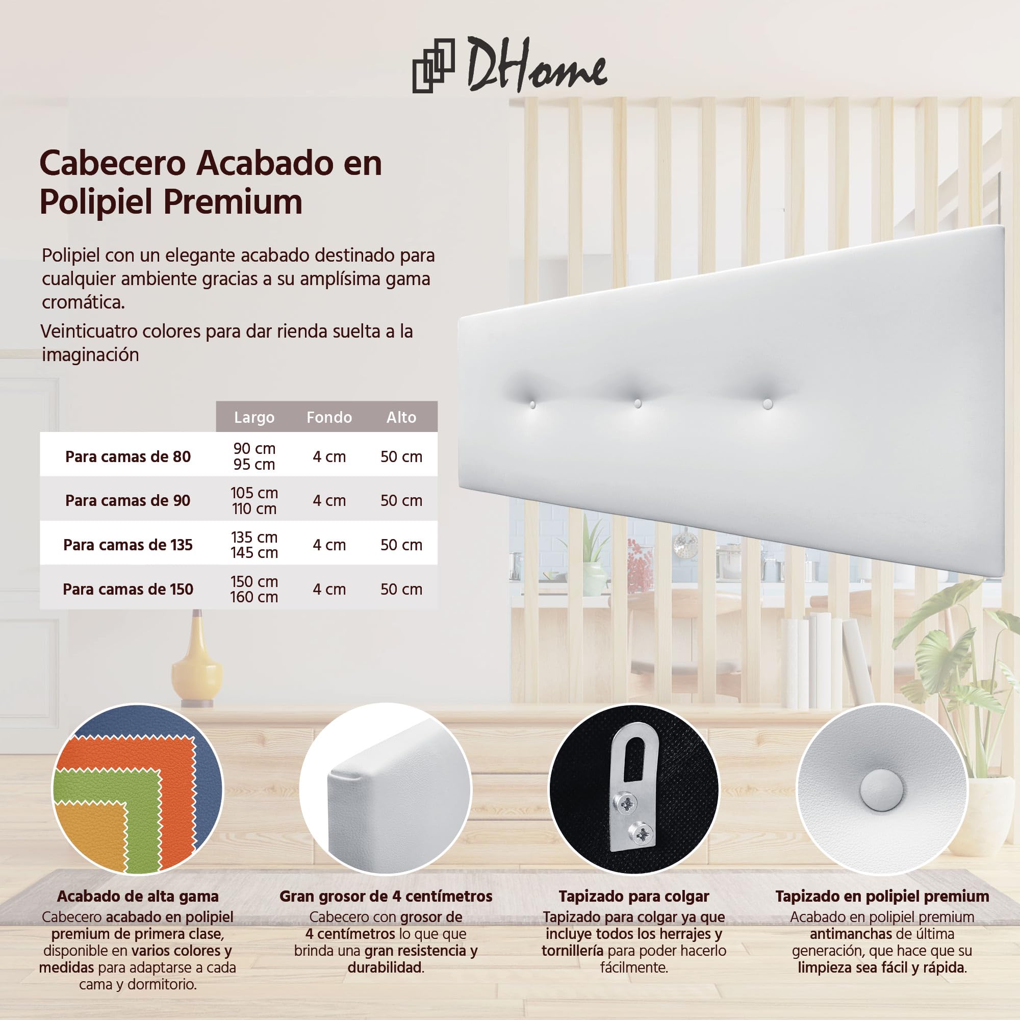 DHOME Kunstleder oder Acualine Stoff Kopfteil einfarbig mit Knöpfen gepolstert HIGH Range Luxus Bett Kopfteil Modernes Schlafzimmer Polsterung (Kuntsleder weiß, 145x50cm (Betten 120/135/140))