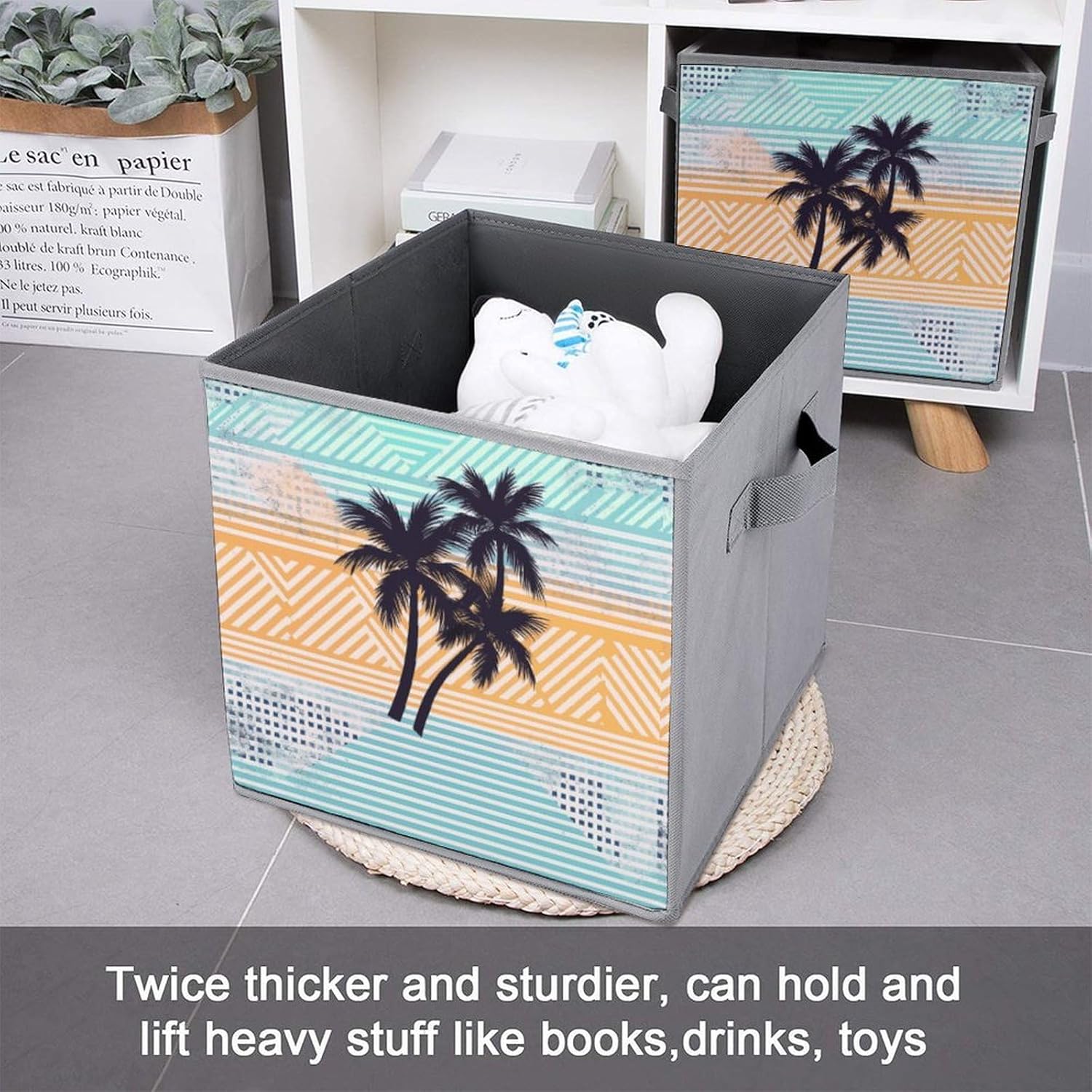 Palm Tree Geometric Pattern Storage Cubes Set of 6 Storage Bins with Handles Collapsible Storage Basket Fabric Storage Box for Shelves Large Closet Shelf Organizer for Organization 11 Inch