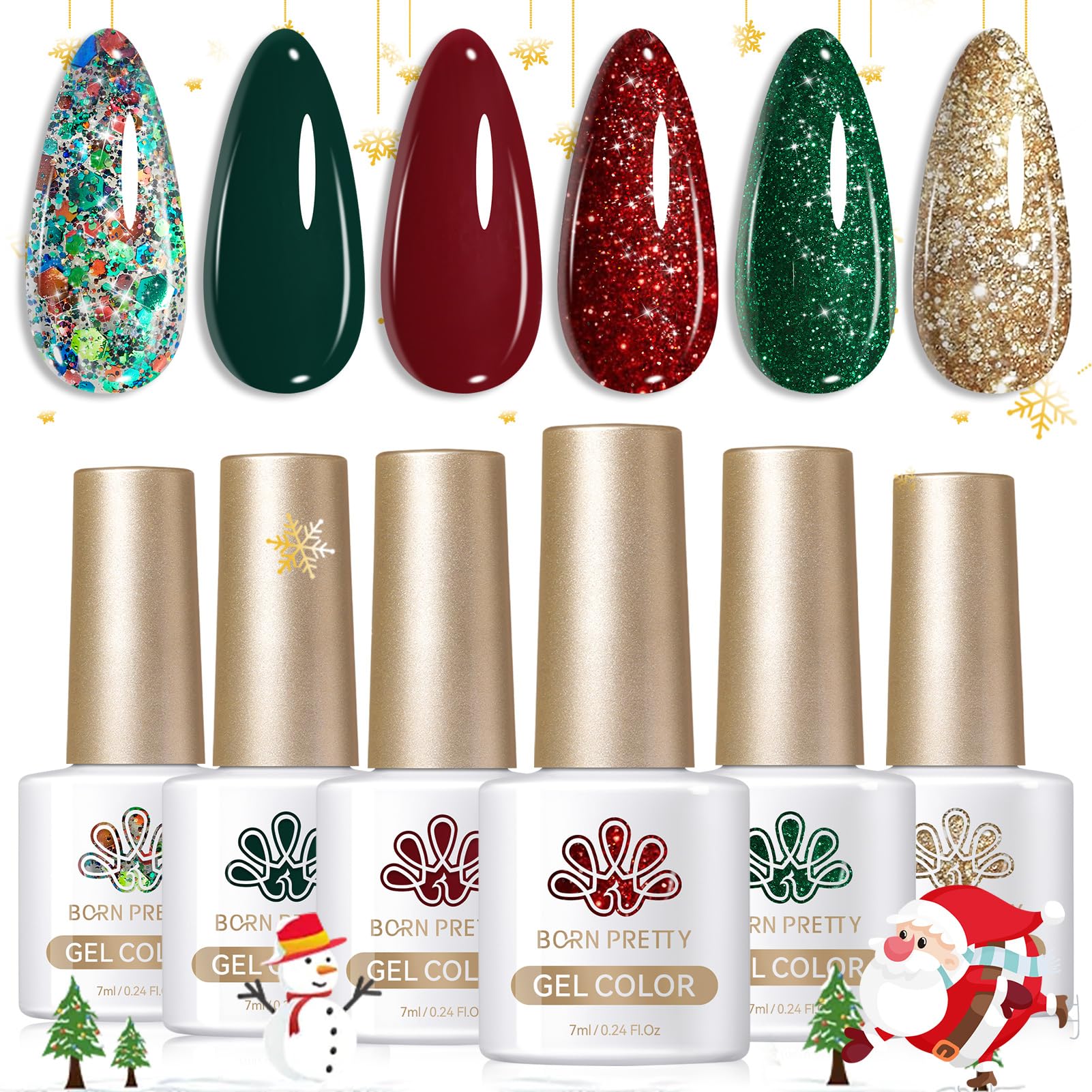 Born Pretty Christmas Gel Nail Polish Sparkle Glitter Green Red Gold Fall Winter Gel Polish Dark Green Burgundy Wine Red Gel Polish Set Nail Art