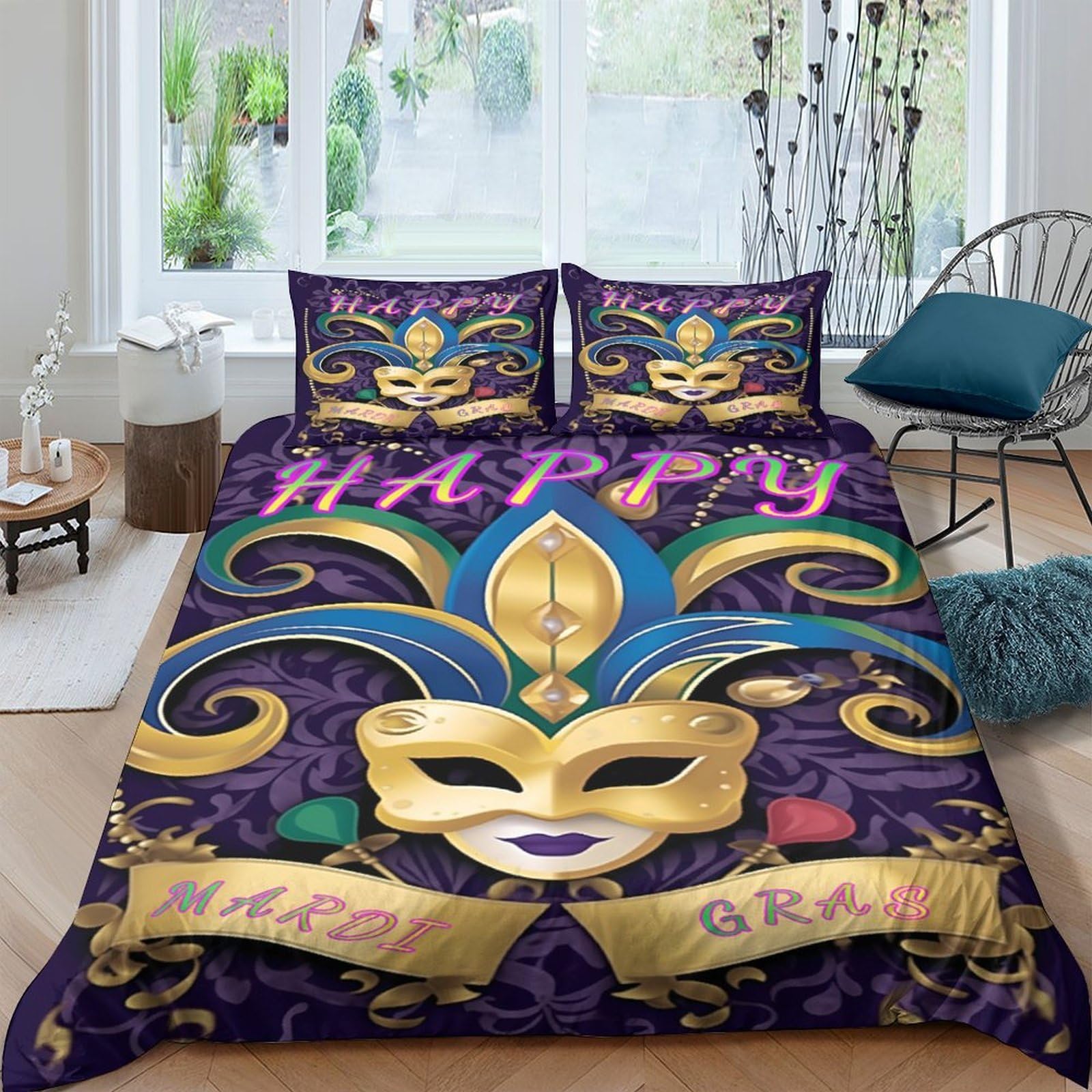Ctjqhvkz Style-3 3D Printed Mardi Gras Mask Fitted Sheet Microfiber Vibrant Purple Gold Bed Cover Anti-Slip Easy Care For Bedroom Guest Room Decor Single（135X200cm）