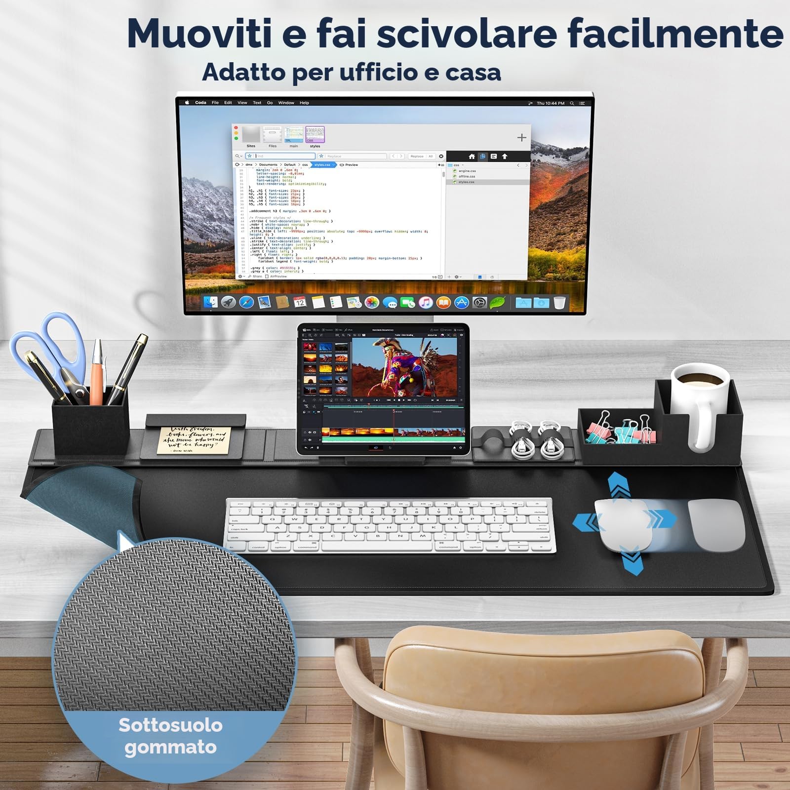 KDD Sottomano Scrivania in Pelle PU 6 in 1 con Organizer Magnetici per Supporto Tablet, Portabicchieri, Portacarte, Portapenne, Gestione Cavi