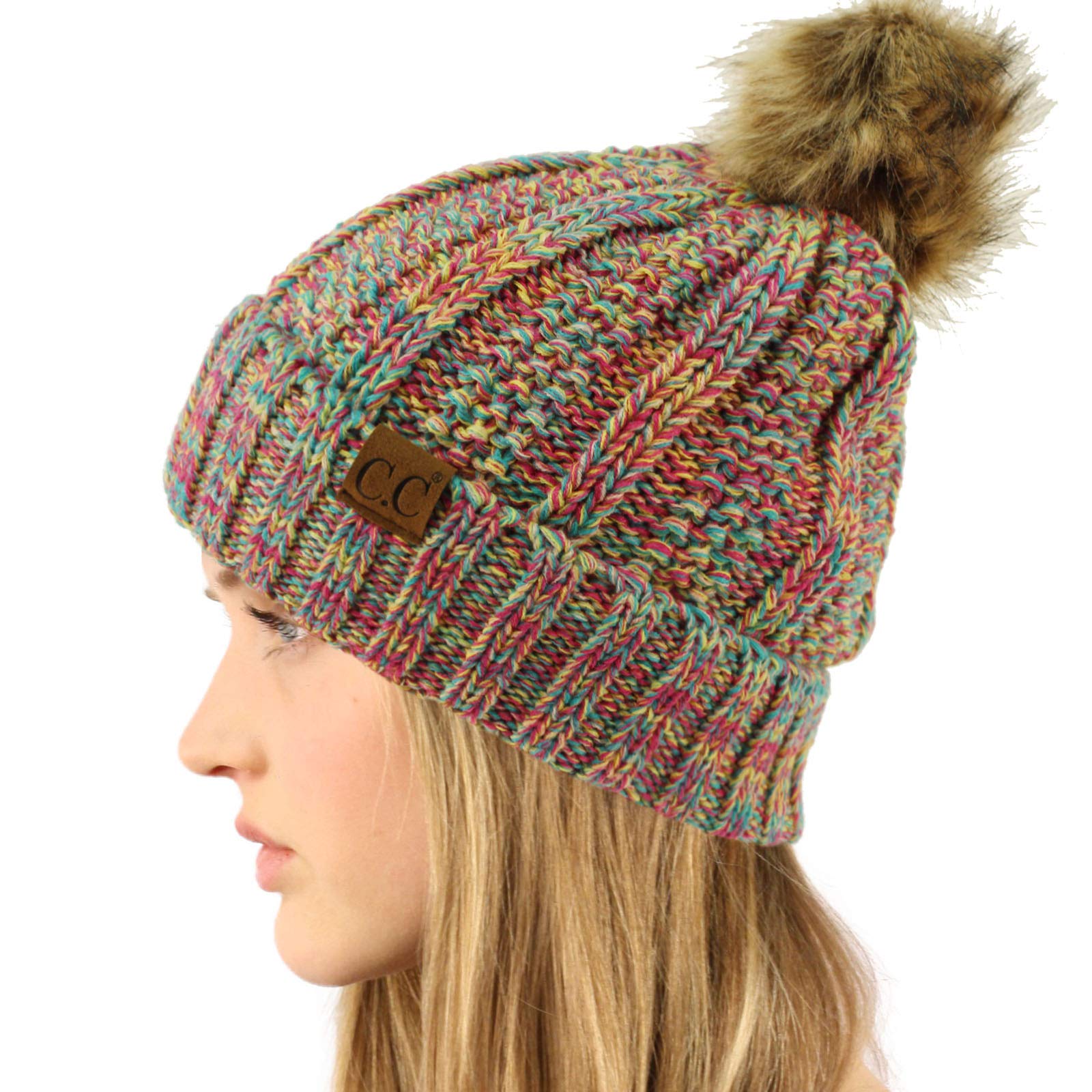 C.C Winter Sherpa Fleeced Lined Chunky Knit Stretch Pom Pom Beanie Hat Cap (Mix Rainbow)