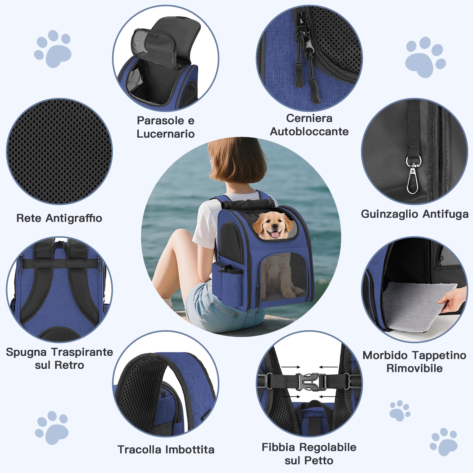 Zaino per Cani Gatti, Grande Zaino Gatto Cane 10 kg, Traspirante Zaino Porta Cane Gatto con Finestra a Rete, Zaino Trasportino Cani Gatto con Guinzaglio Interno e Tappetino per Viaggi - Blu