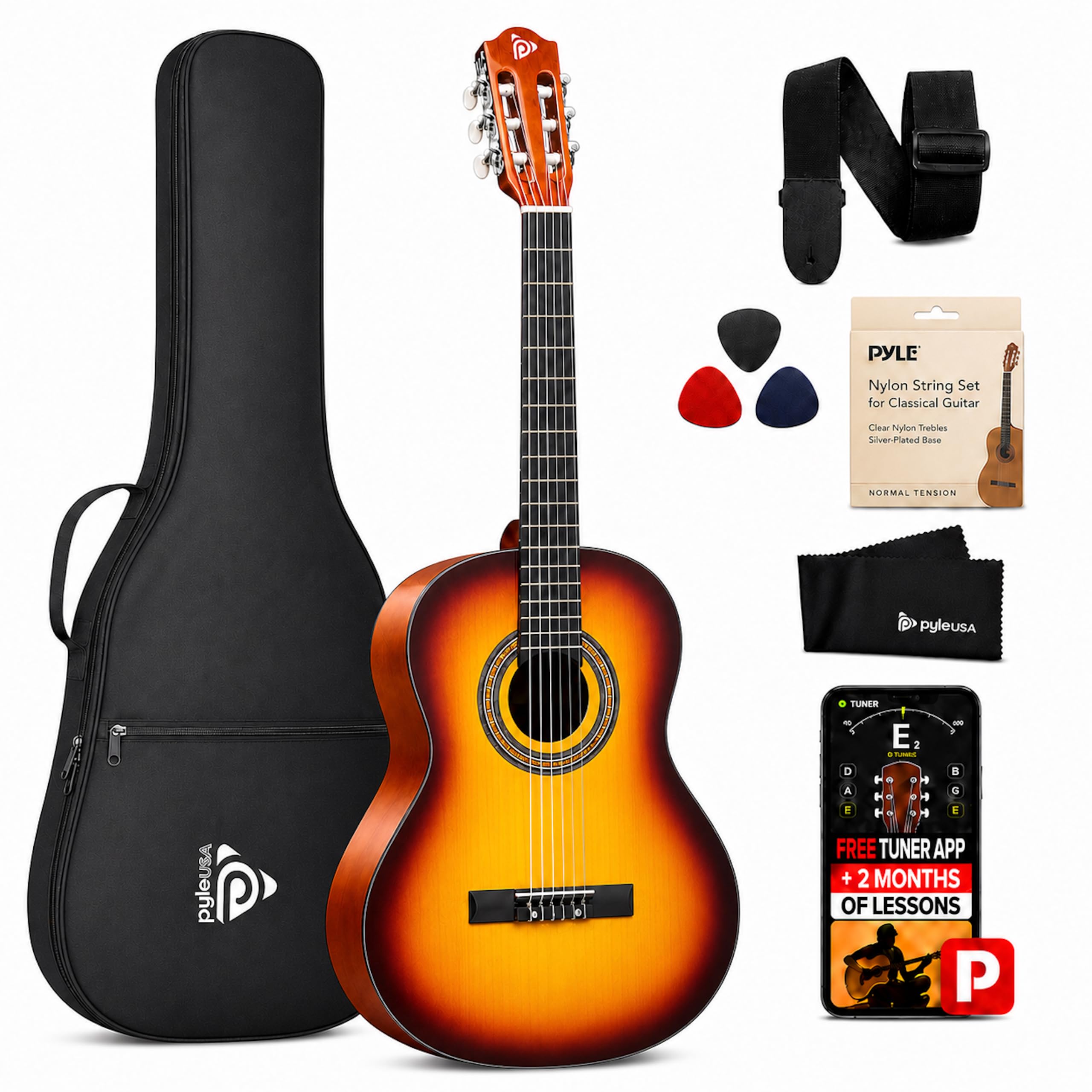 Pyle Zestaw Gitary Akustycznej Dla Początkujących, Instrument Drewniany Junior 3/4, 36" Brązowy Połysk