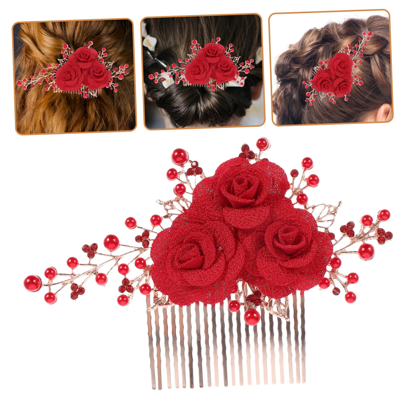 MAGICLULU 4 Roter Haarstecker Haarkamm Hochzeit haarschmuck Haarspangen Haarnadel Haarklammer Haaraccessoires Haarkamm aus Handbuch Kopfbedeckung Rose Braut