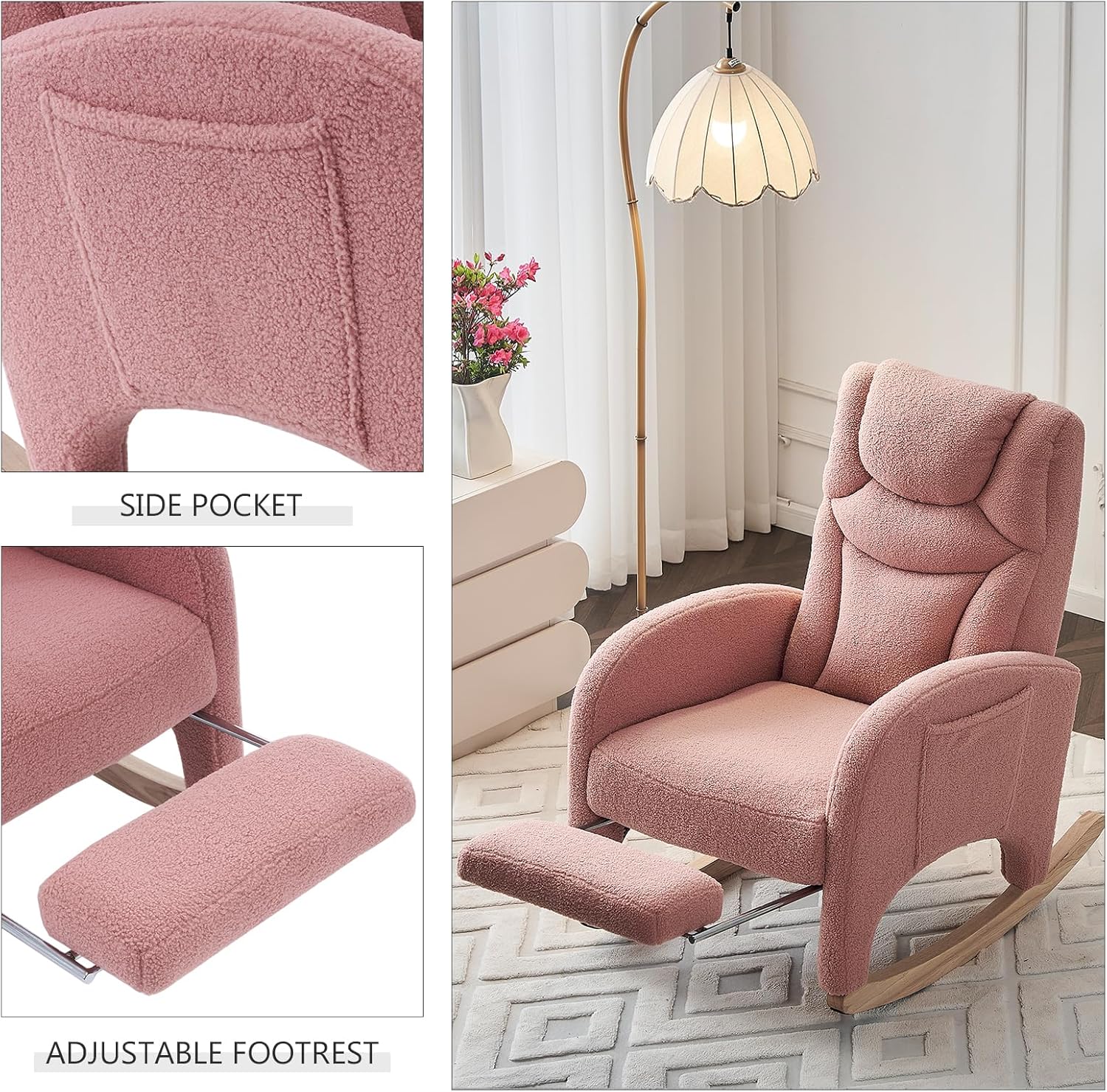 Hommoo Rocking Chair Nursery Glider Rocker Chair Modern Teddy Fabric Upholstered Accent Chair with Adjustable Footrest High Back Rocker Arm Chair for Mom and Baby Nursery Living Room Bedroom Pink Pink-teddy Fabric 39"H image 4 of 9 B0D53S1D1S