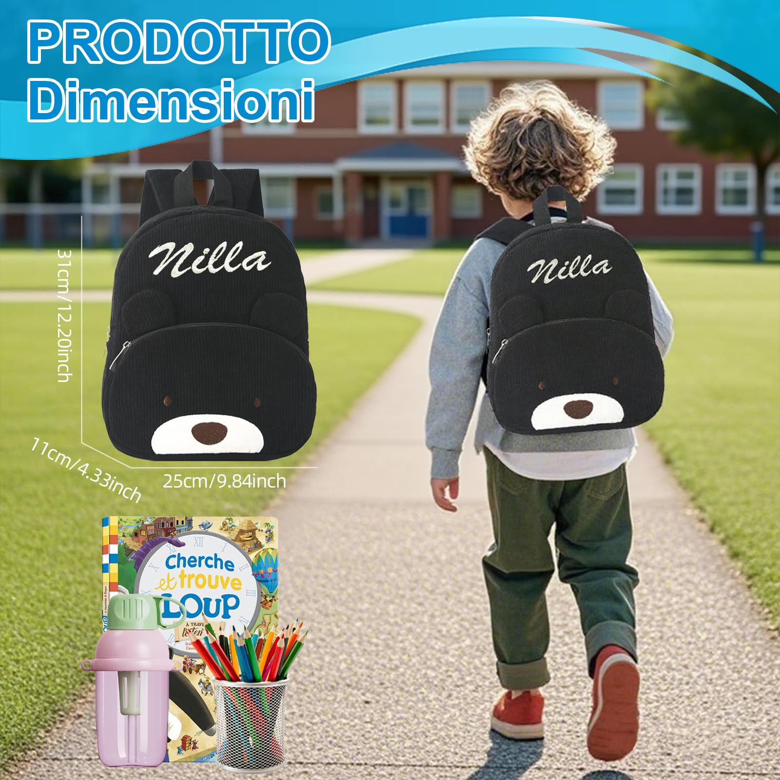 Generico Zainetto Asilo Bambino Personalizzato con Nome Ricamato, Zaino Velluto a Coste per Bambina e Bimbo, Scuola & Viaggi (Cachi)