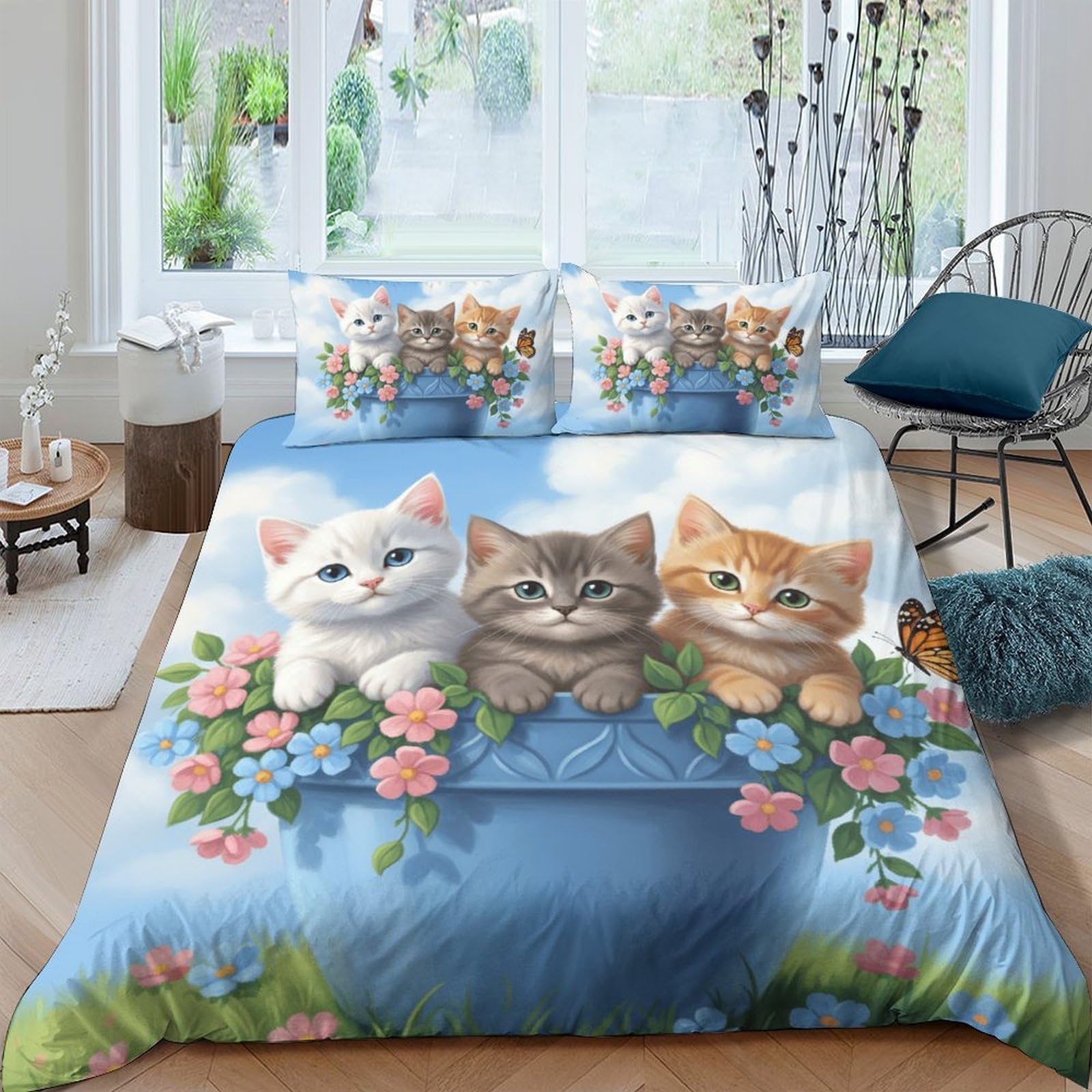 Ctjqhvkz Style-2 3D Printed Cute Cat Fitted Sheet Microfiber Soft Floral Kittens Mattress Cover For Bedroom Dorm Easy Care Anti-Slip Decor Single（135X200cm）