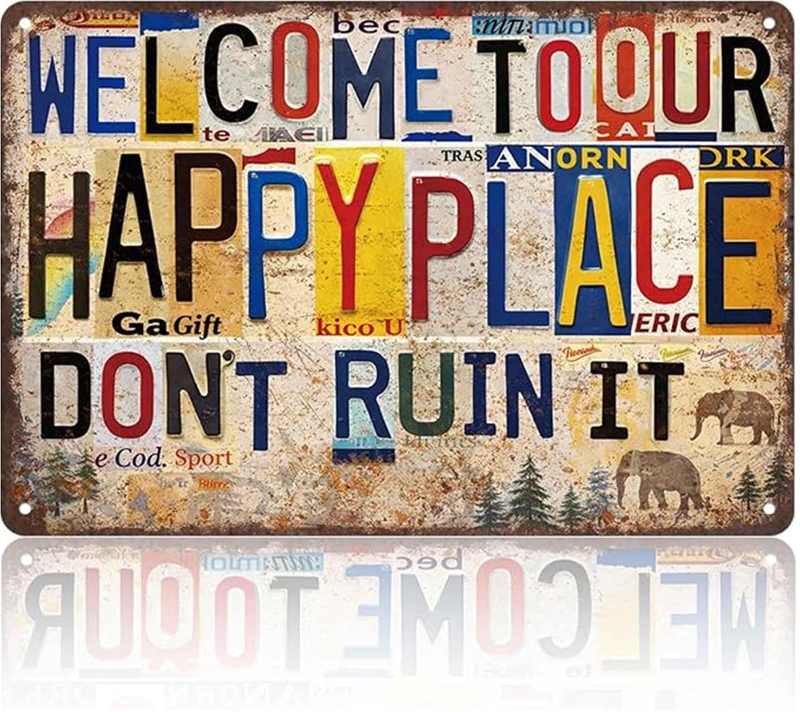 GYQYJPFZM Americana Happy Place License Plate Sign Distressed Retro Decor for Cabin Garage Man Cave Wall Plaque 8 X 12 in