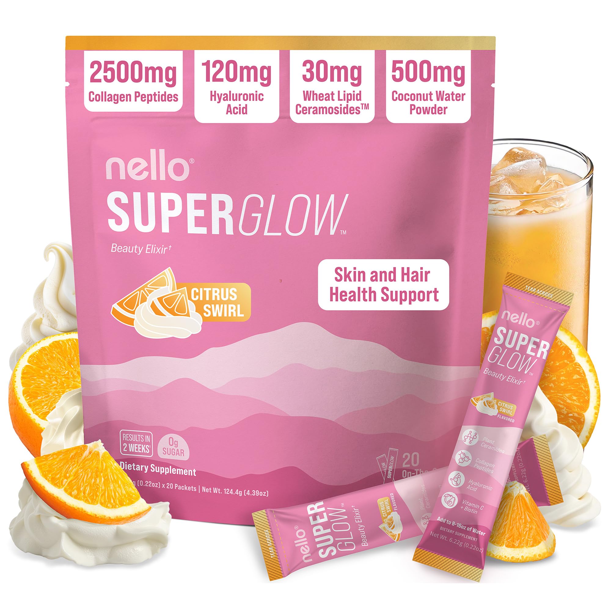 Nello Superglow Powdered Drink Mix, Skin Hydration, Glow & Hair Support, Collagen Peptides, Hyaluronic Acid, Ceramosides, Biotin & Vitamin C, 20 Stick Packs (Citrus Swirl)