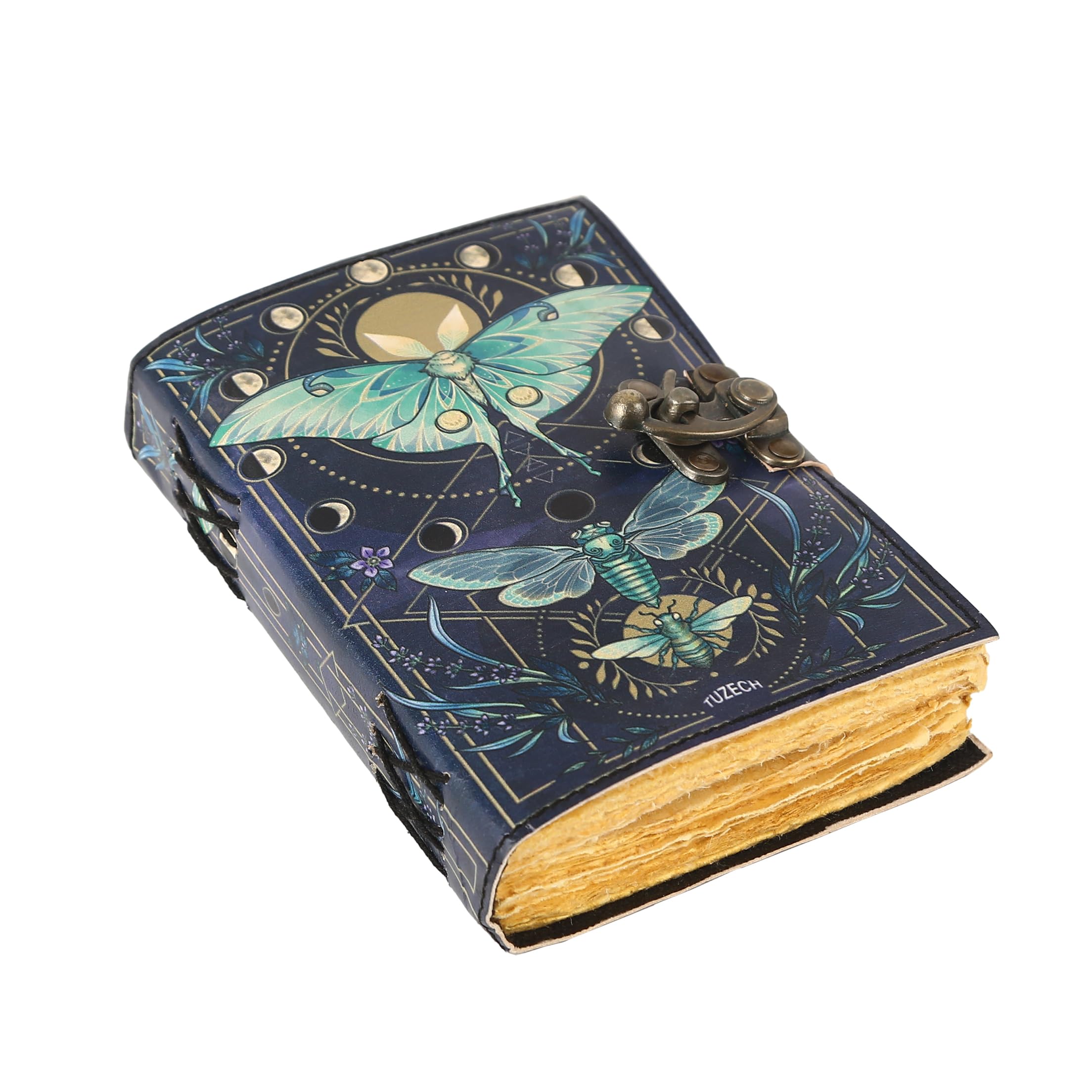 TUZECH Book of Spells Leather Bound Moths Journal Deckle Edge Paper Grimoire Printed Diary Witchcraft supply and Witch Spell Notebook Antique Vintage Book for Men and Women