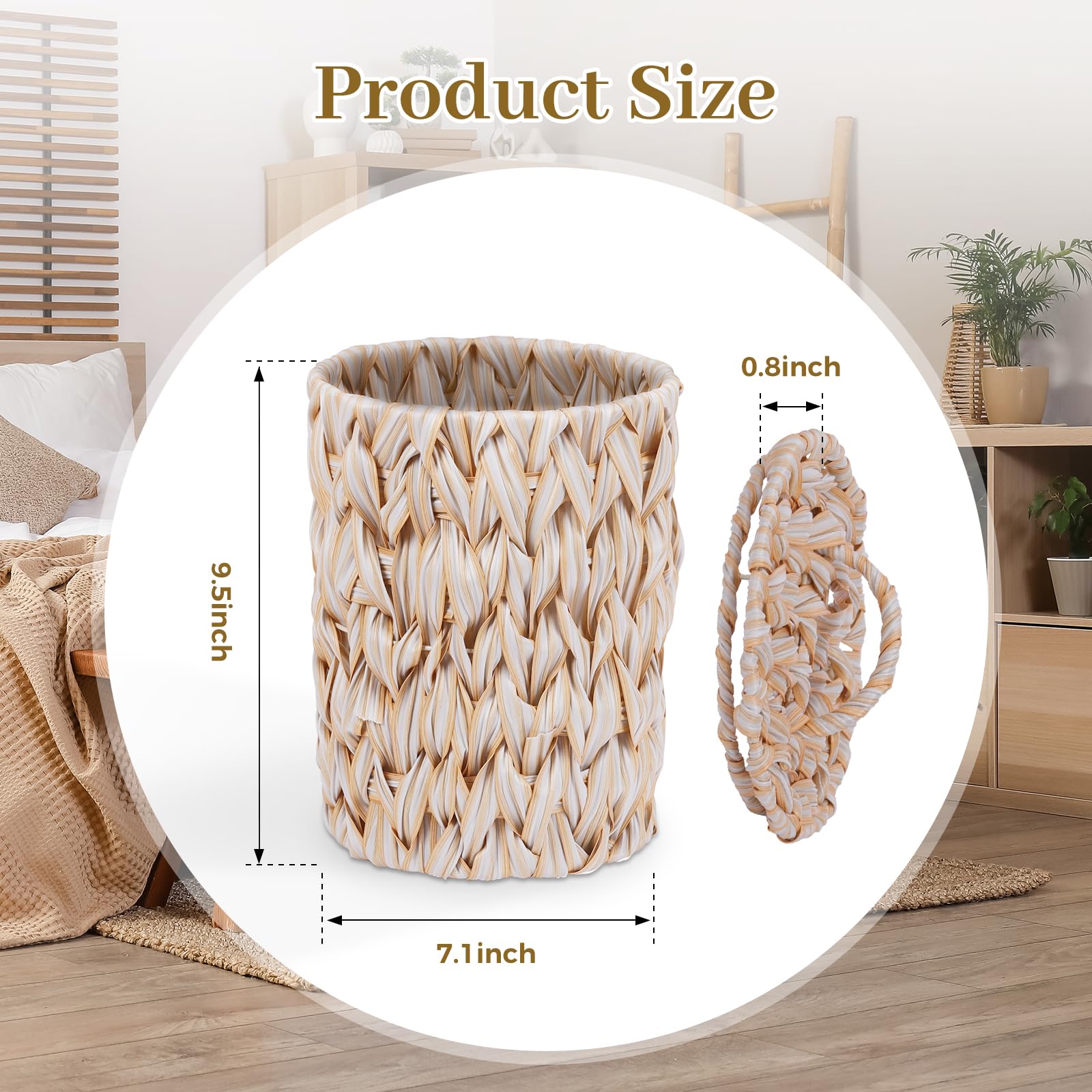 Boho Wicker Trash Can With Lid - Hand Woven Water Hyacinth Basket For Bathroom, Kitchen, Bedroom - View #11