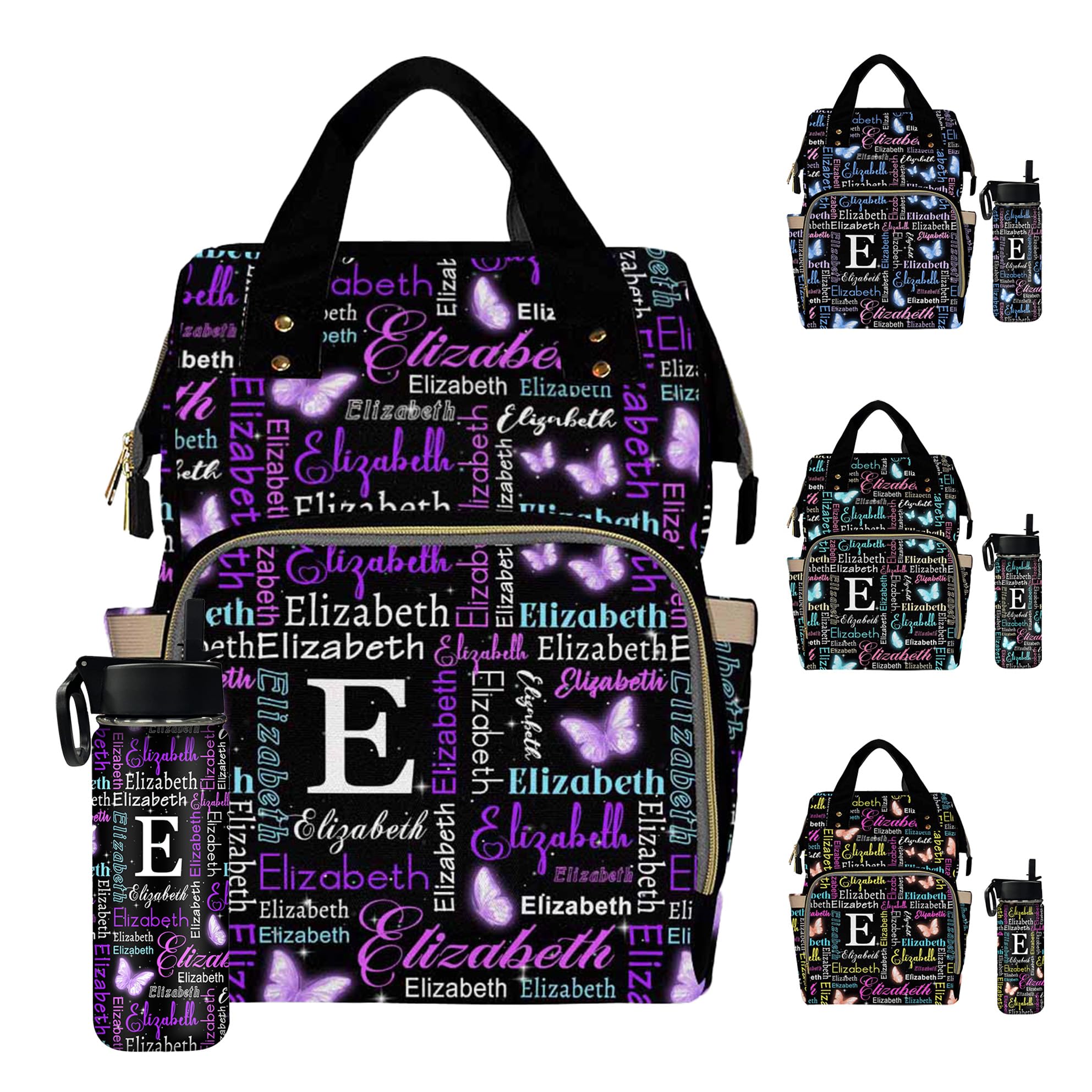 VPrtious Custom Name Baby Bag Diaper Bag Waterproof for Outdoor Leisure Monogrammed Name Butterfly, Personalized Nappy Backpack with Thermal Pockets