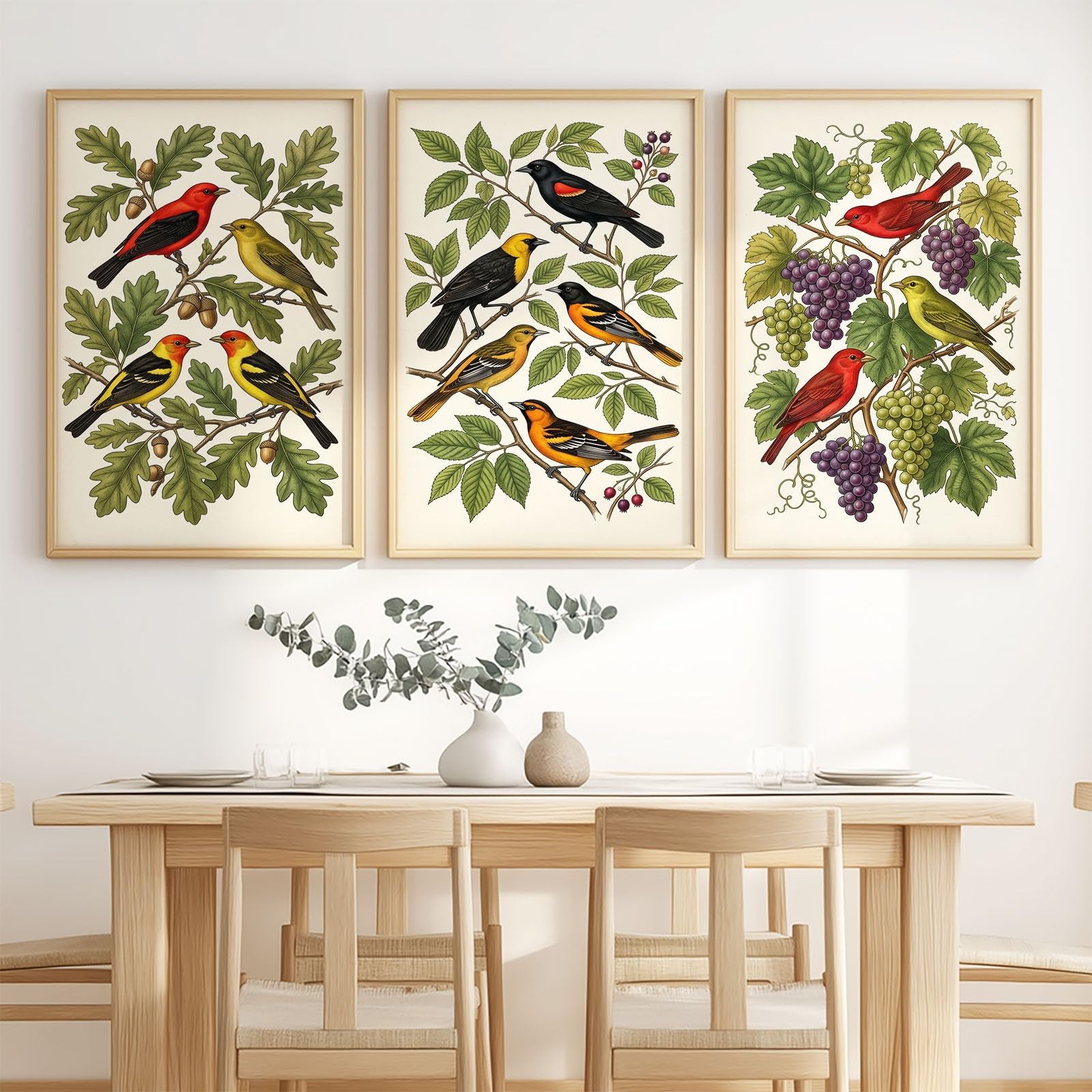 Sztuka ścienna na płótnie w stylu vintage, 40 x 50 cm, 3 sztuki | Roślina winogrona ptak wydruki na płótnie grafika malarstwo, dekoracja domu sztuka ścienna do sypialni salonu biura