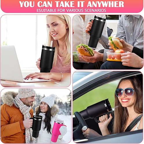 Miniatura 6 de BELYQLY Vaso aislado al vacío de acero inoxidable de 40 onzas con tapa y popote para agua, batidos y más, té helado o café (negro)