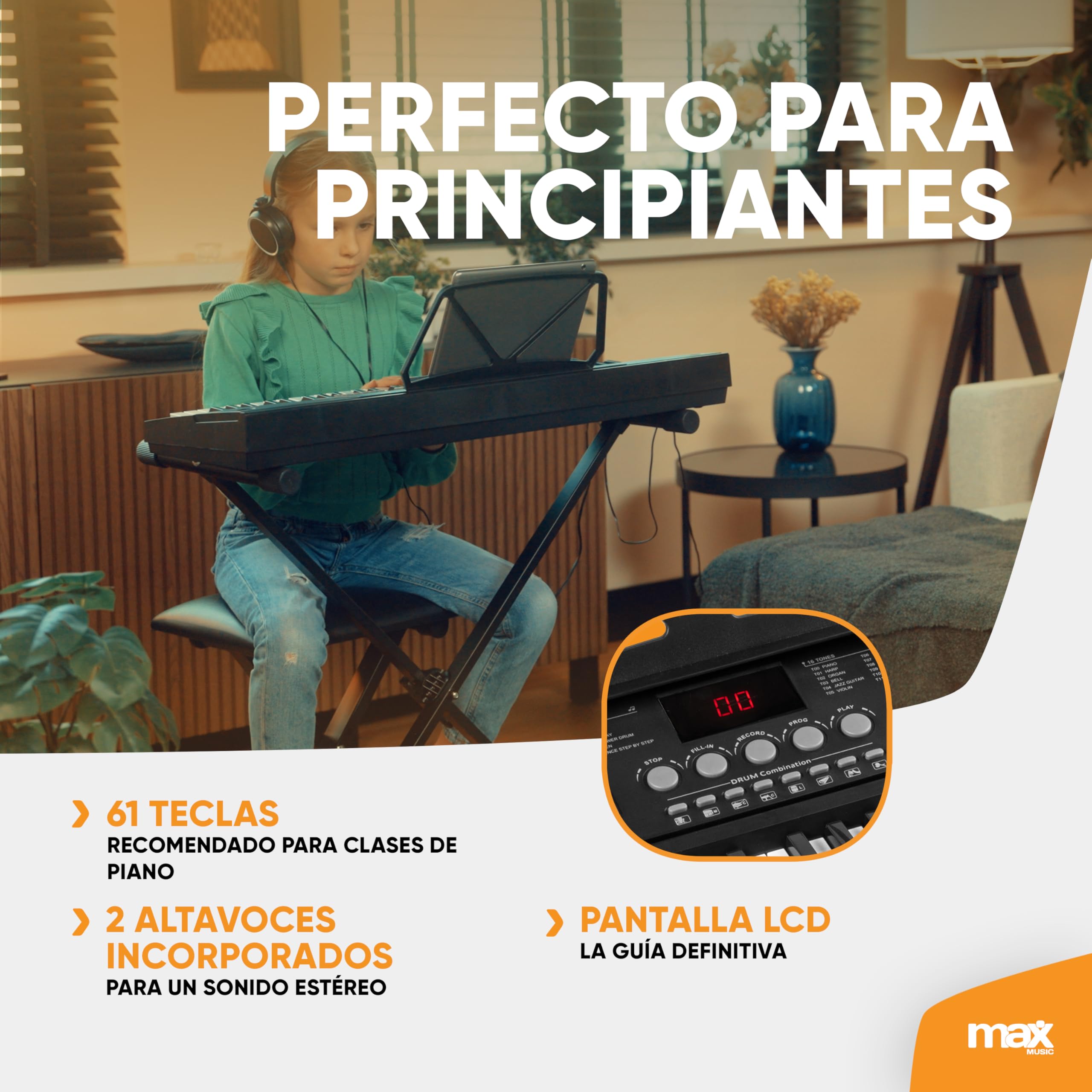 MAX KB15 - Pack de teclado eléctrico de 61 teclas para principiantes que incluye un soporte, auriculares, micrófono, banqueta y batería recargable. Ideal para todas las edades para aprender a tocar.