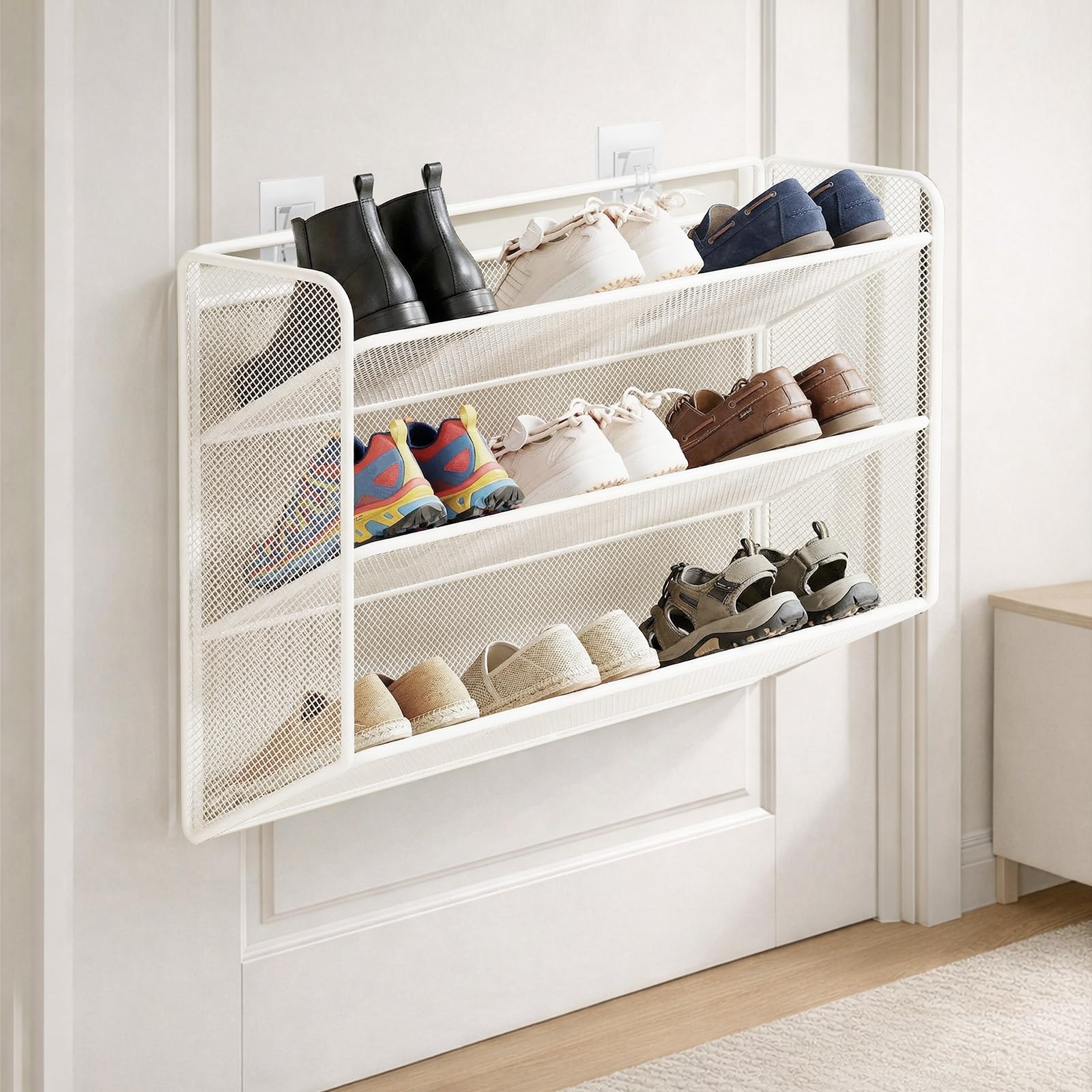 GreenWhim Wall-Mounted Shoe Rack for Home 3 Tier Shoe Holder Multi-Layer Shoe Cabinet for Bathroom Door over the Door Hanging Hook Shelf Organiser Stand Space Saving Fixed Holder (White)