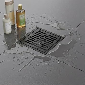 EXF Square Shower Floor Drain 6 Inch Matte Black | 304 Stainless Steel, ABS Flange, Anti-Clog, Removable Brick Pattern Drain Cover, with Hair Catcher