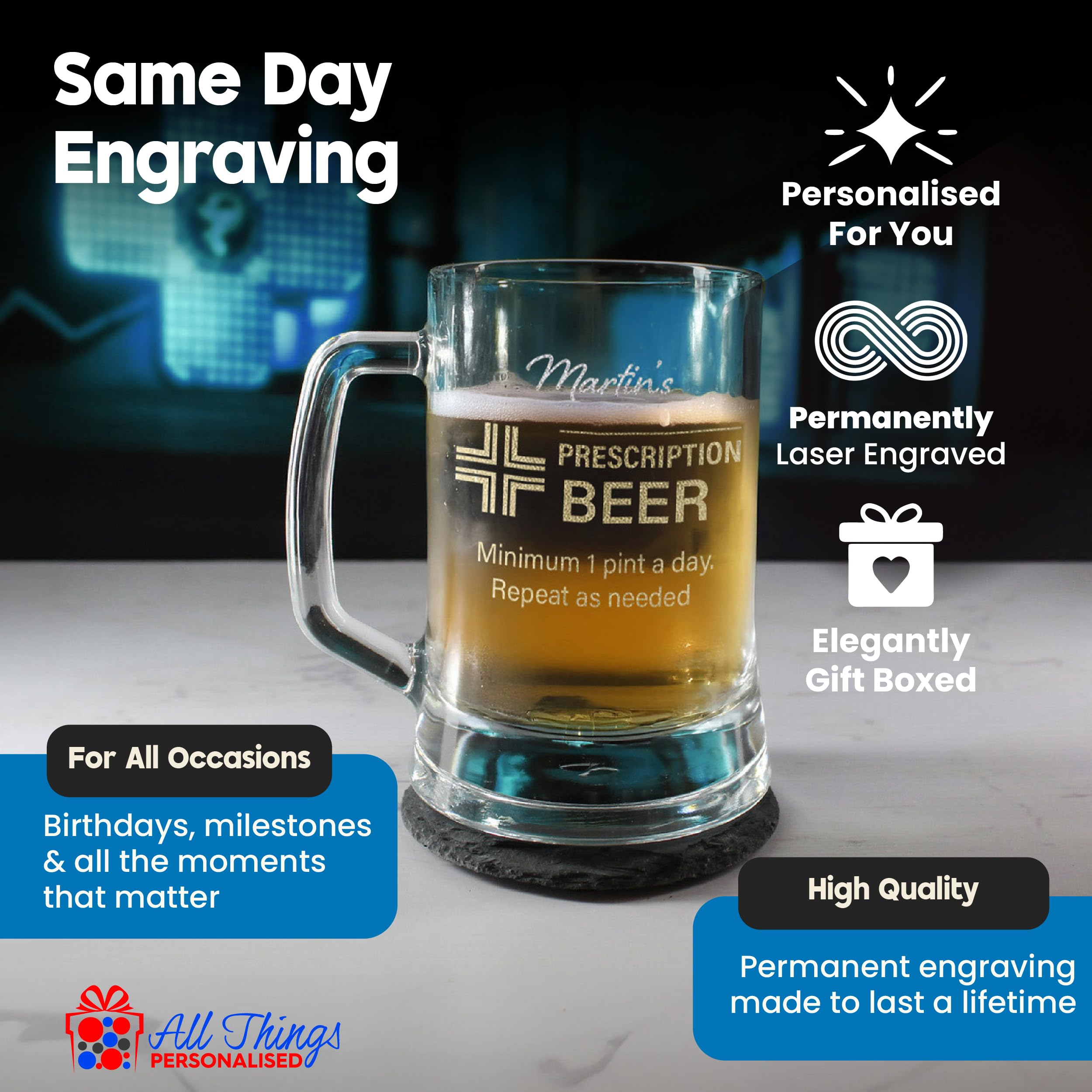 Verre à bière gravé, ordonnance personnalisée pour motif de bière, capacité de 475 ml, boîte cadeau, cadeau amusant pour lui