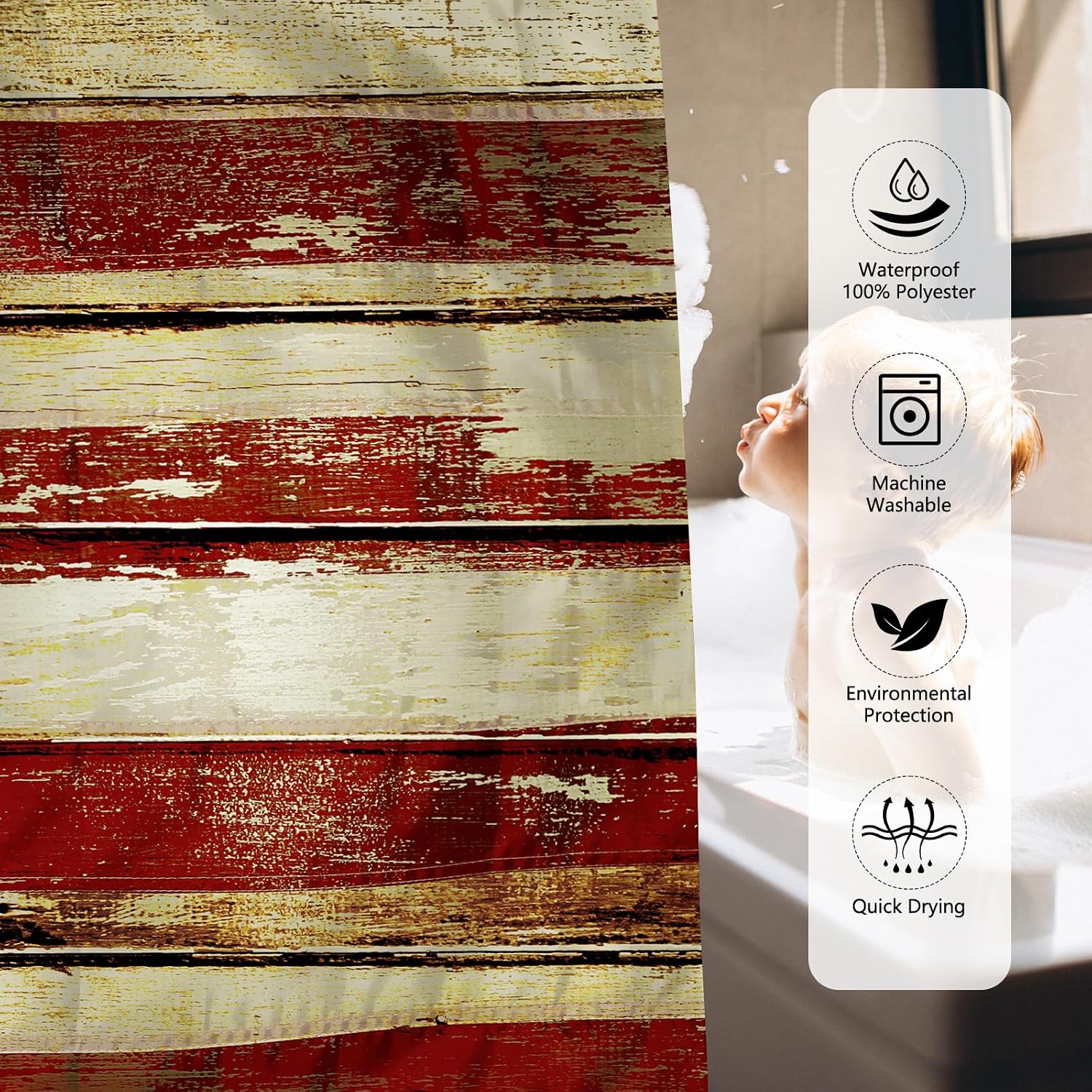 MEHOFOND USA Flag Shower Curtain Vintage USA 4th of July Independence Day Themed Art Print Flag Painted on Wooden Planks Shower Curtain Patriotic Memorial Day Bathroom Decor 72X72 inch