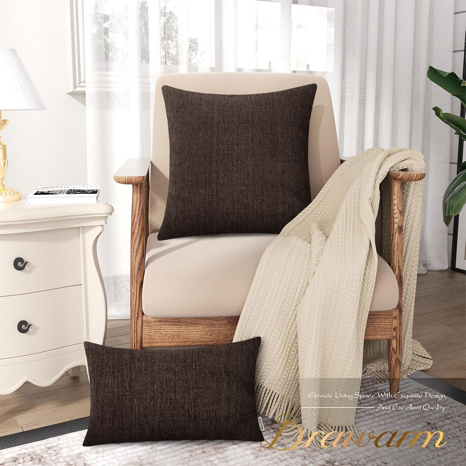 BRAWARM Throw Pillow Covers 16x16 Inches - Coffee Chenille Pillow Covers Pack of 2, Solid Dyed Soft Chenille Pillow Cases for Couch Sofa Bed Home Decoration - Image 6