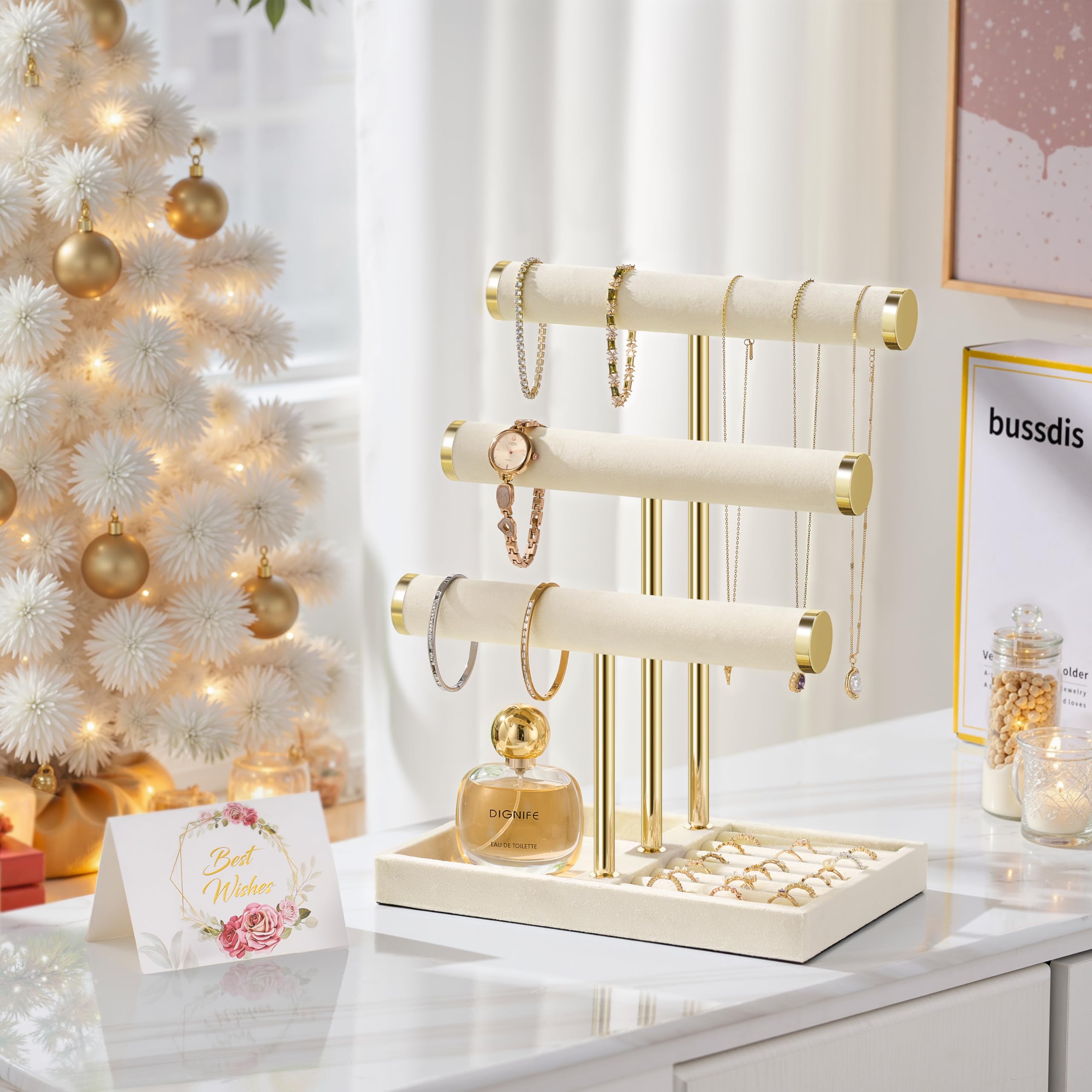 Josmimic Organizador de Joyas 3 Niveles - Grande Expositor Beige para Pulseras, Expositor con Barra en T Extraíble, Soporte de Terciopelo para Pulseras, Collares, Relojes y Anillos