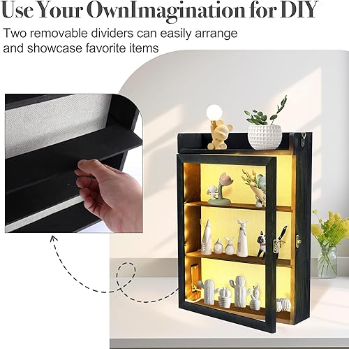 Vista 24 de Marco de caja de sombra de 11 x 16 pulgadas con luz, vitrina conmemorativa con estantes, cajón y ranura para recuerdos, caja grande de sombra Negro