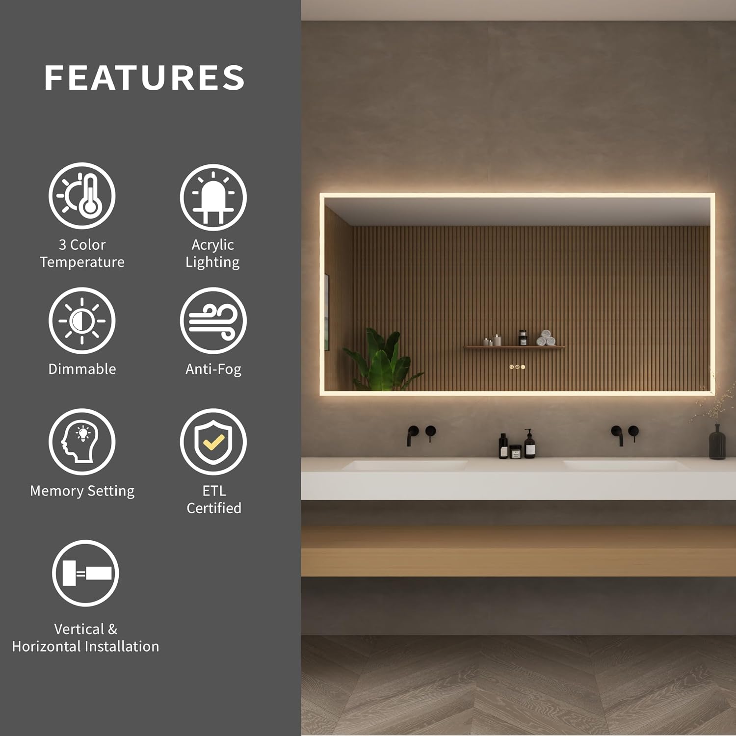 Wyndham Collection Element 70 in. W x 36 in. H Frameless LED Bathroom Vanity Mirror with Color Changer, Dimmer and Defogger