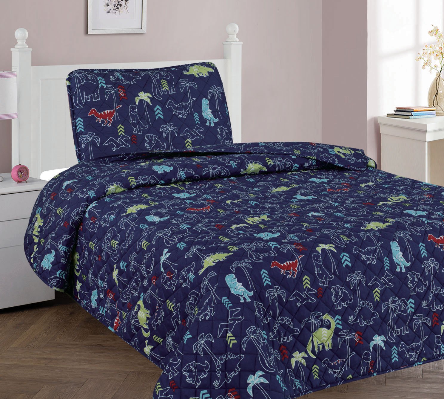 Sapphire Home 2pc Bedspread Quilt Set Twin Size for Kids Teens Boys, Dinosaur Bedding Theme Printed Style Bedspread, Navy Blue Twin Bedspread + Pillow Sham