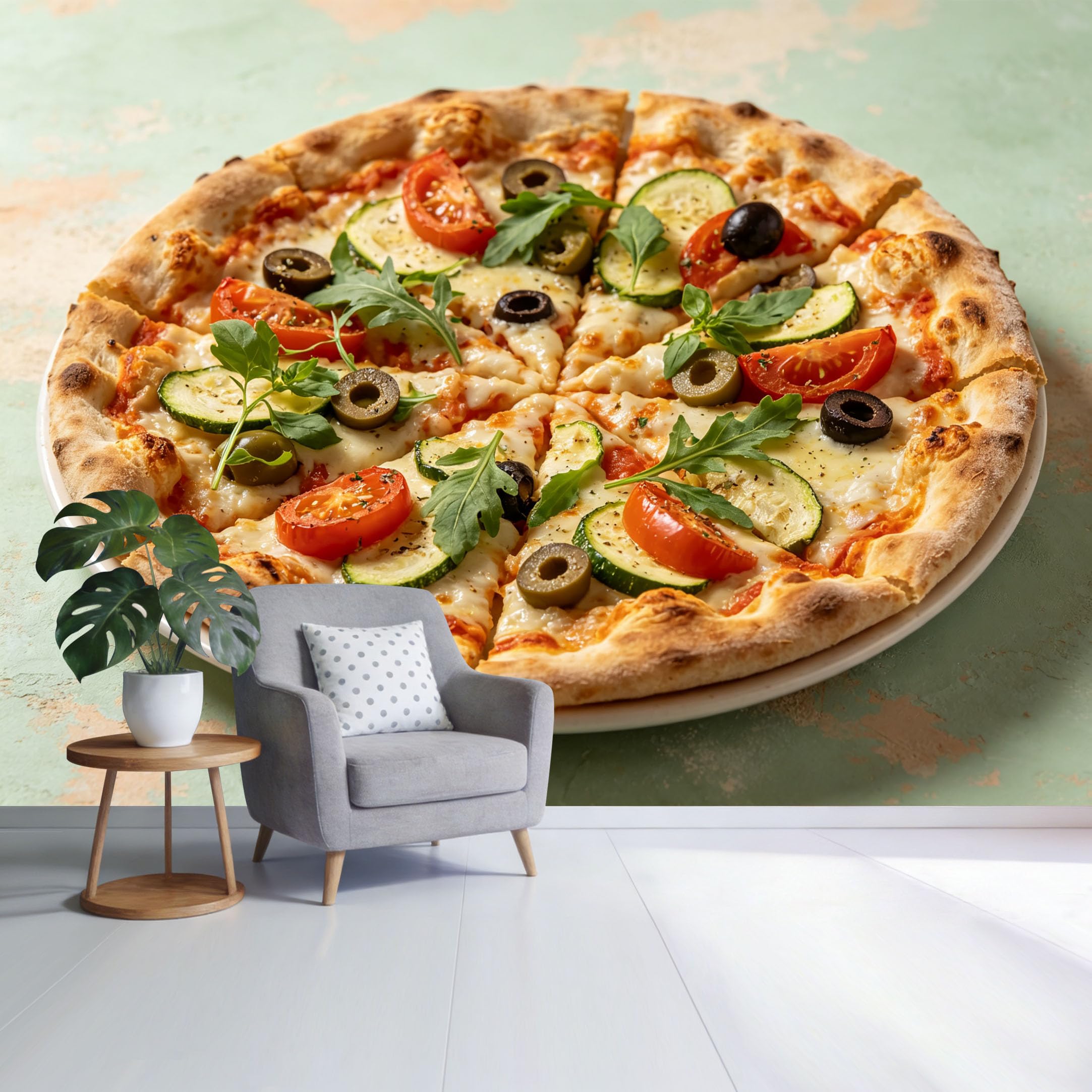 Custom Size Wall Mural Italian Cuisine Pizza with Tomato Zucchini Olive and Cheese Food Photography Modern Kitchen Art SelfAdhesive Wall Fabric Removable Wallpaper for Home Office Decor