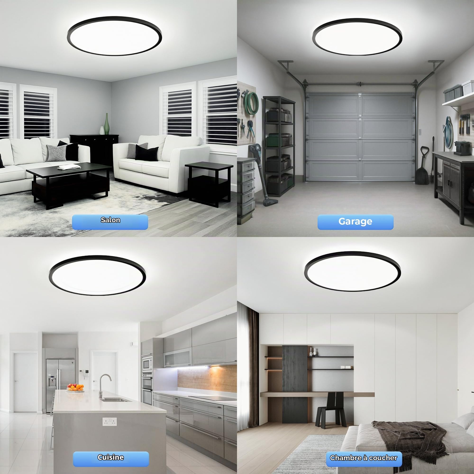 OTREN Plafonnier LED 52W, 5200LM Moderne Rond Luminaire Intérieur, IP44 Etanche Lumière de Salle de Bain, Ultra Mince Noir Lampe de Plafon pour Salon Chambre Cuisine Bureau, Blanc Froid 4000K, Ø50cm
